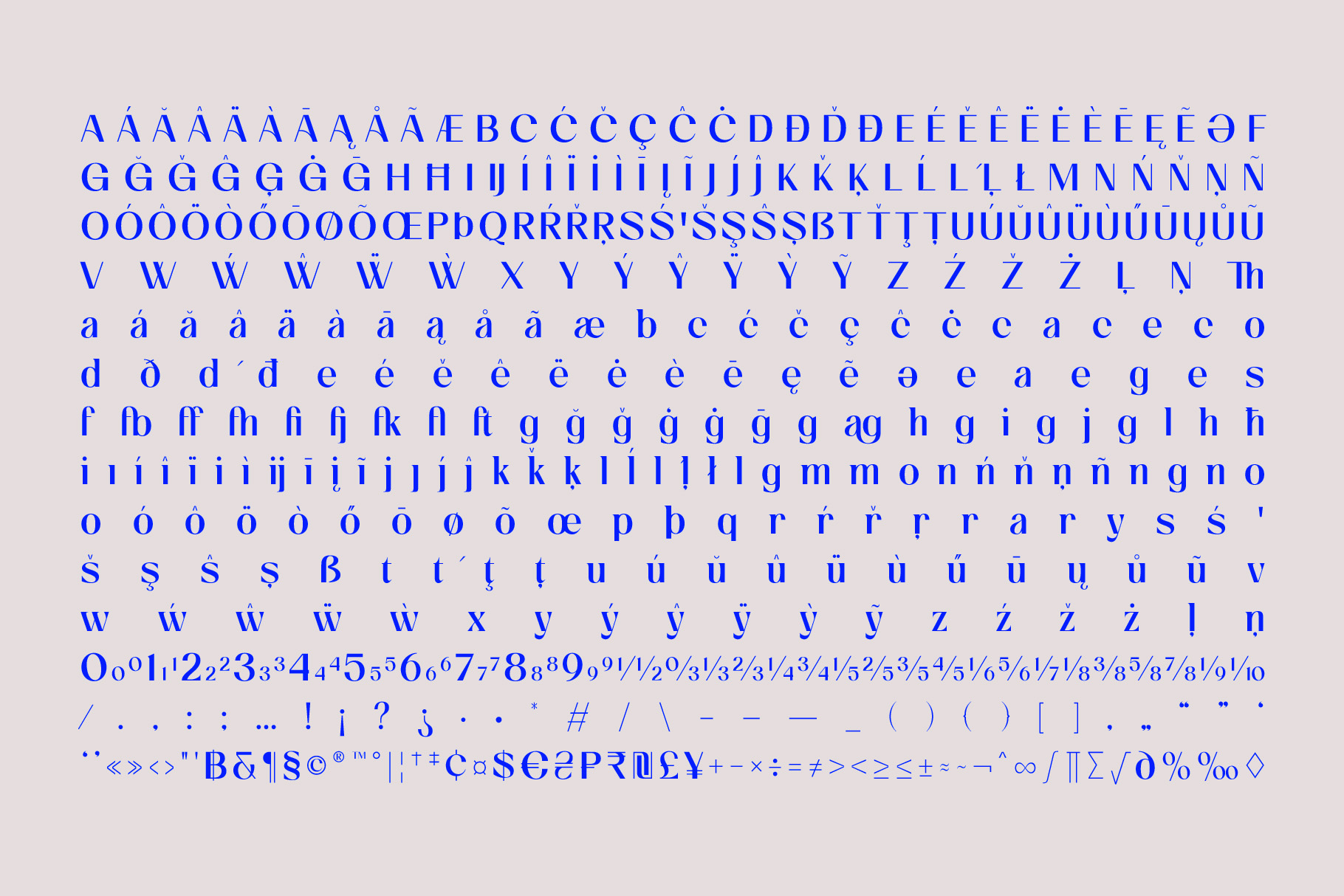Serif font with extensive accents, ligatures, fractions, symbols on light gray background