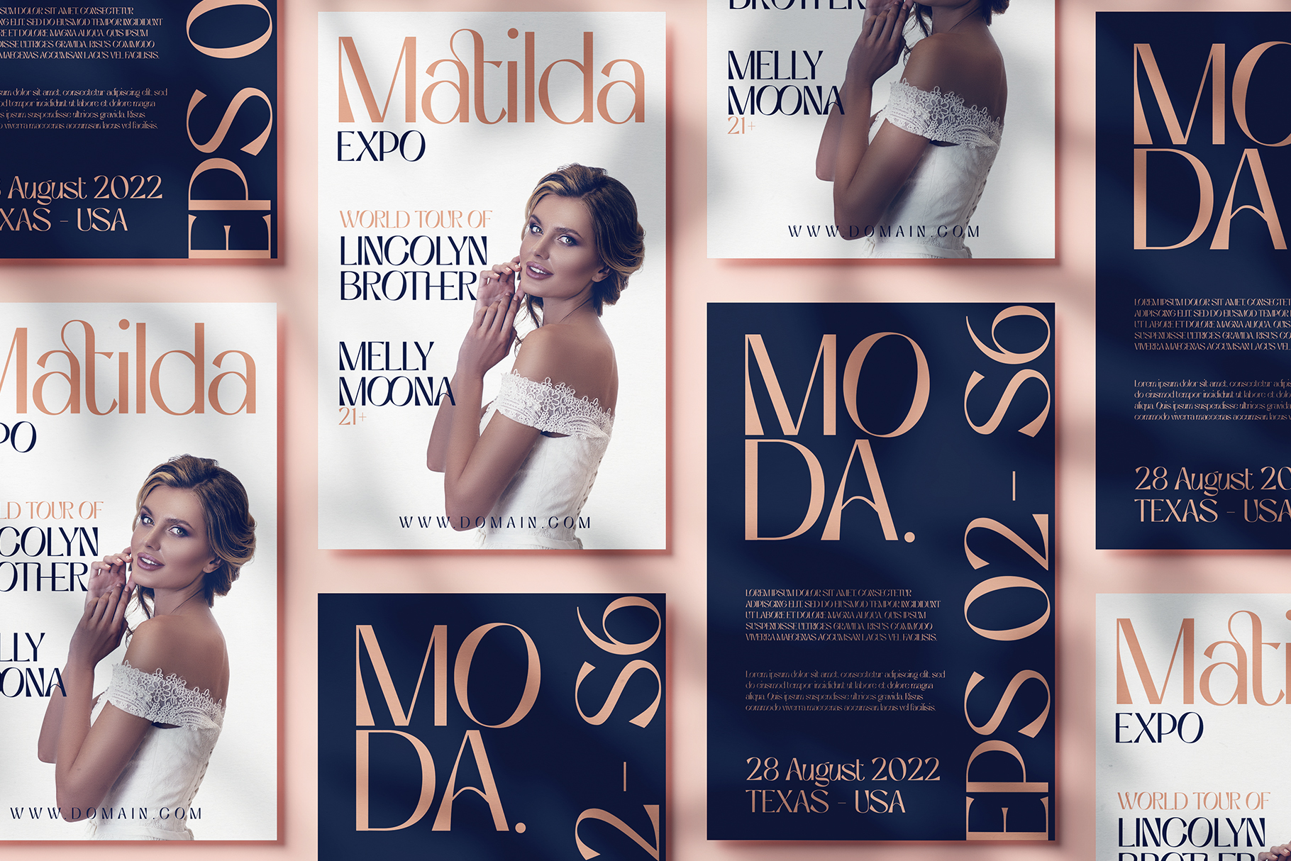 Matilda Expo event poster mockup with navy, rose gold, elegant serif type layout featuring model in white off-shoulder
