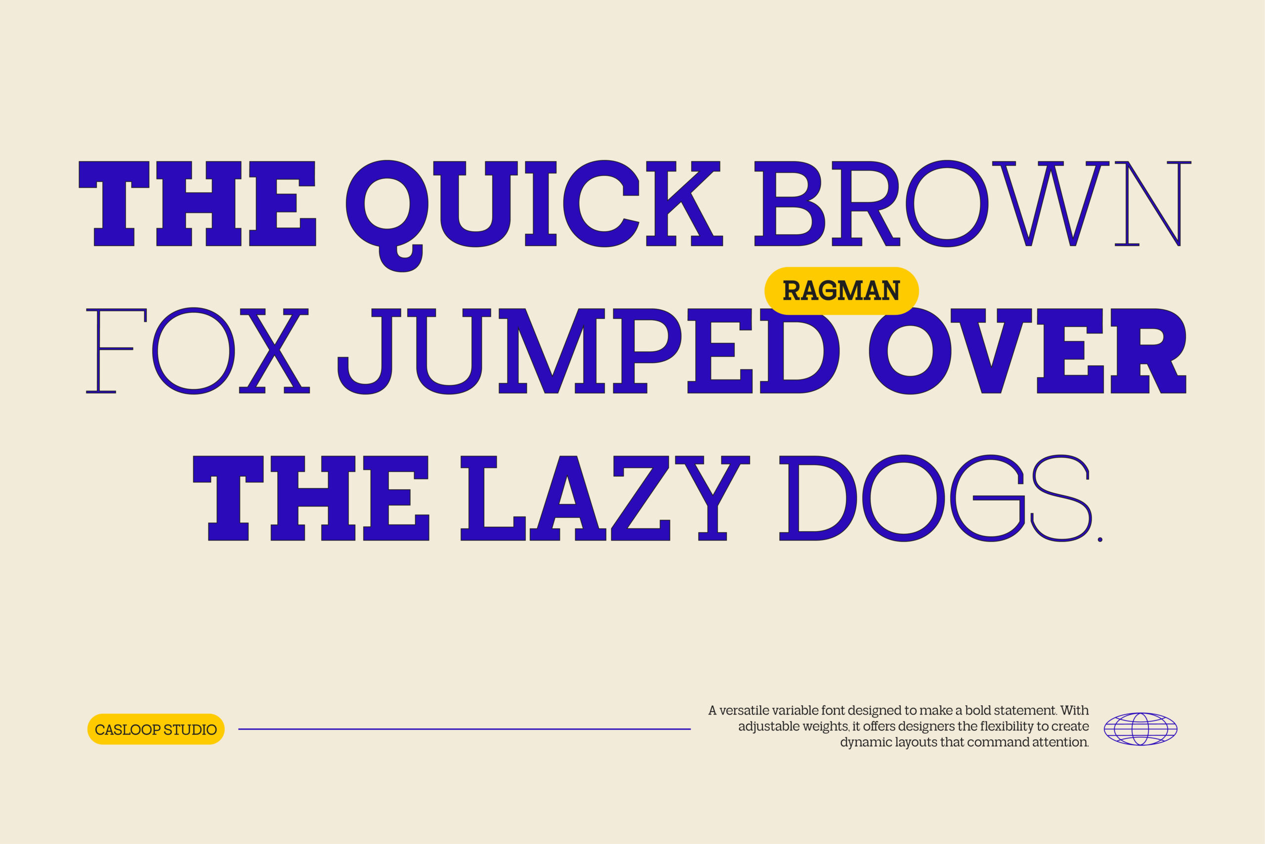 Bold blue serif font specimen with yellow Ragman label on cream background