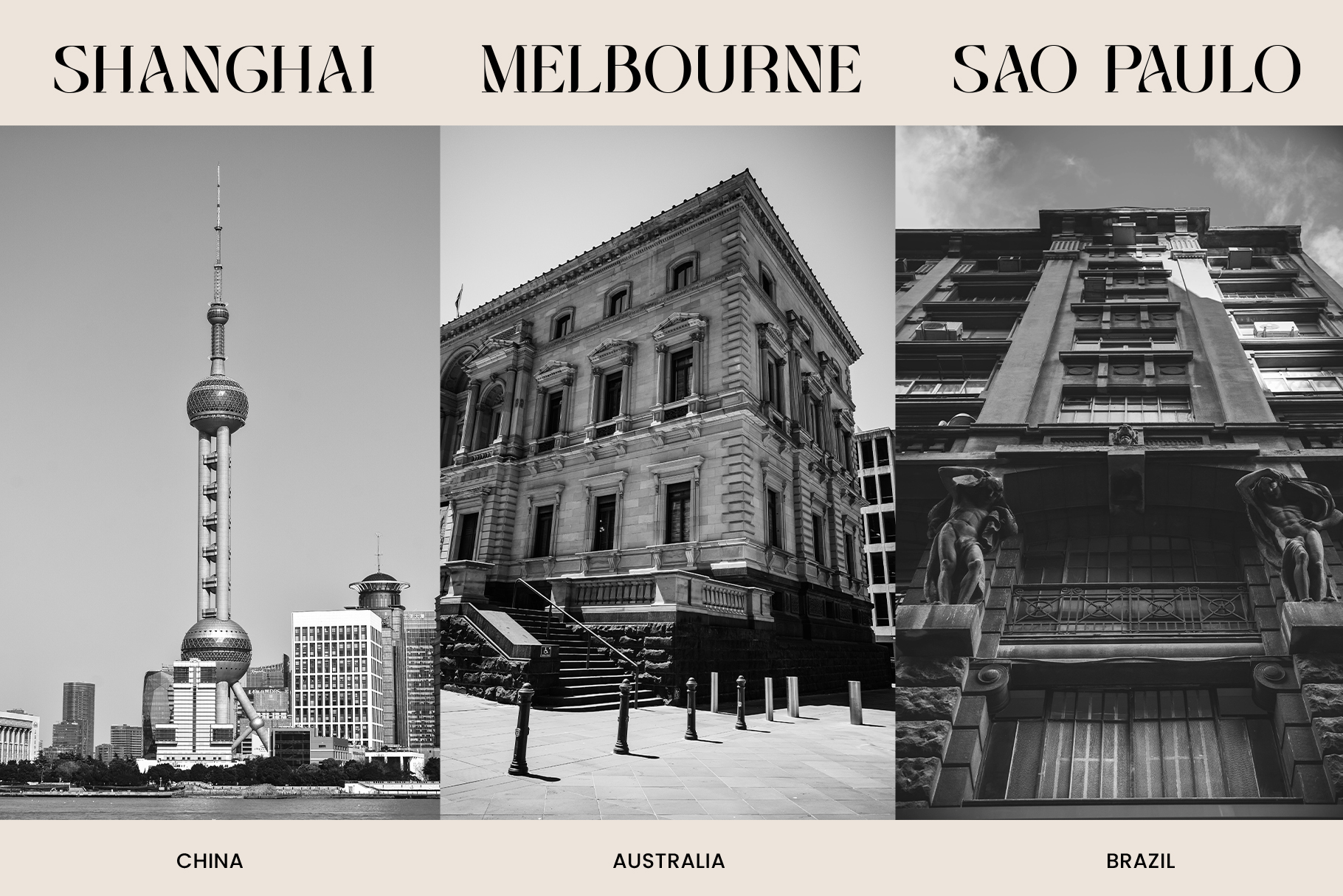 Black white architectural photos Shanghai Melbourne Sao Paulo three cities