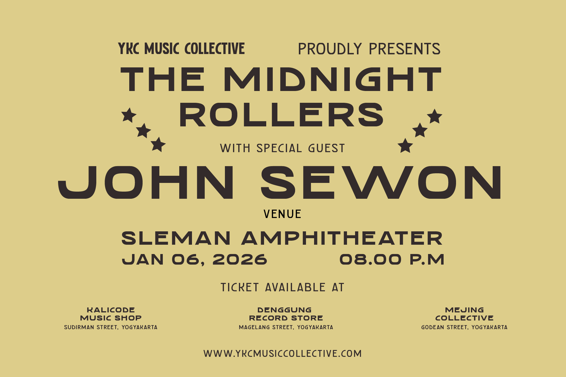 Concert poster on cream background with band name, venue details in dark type