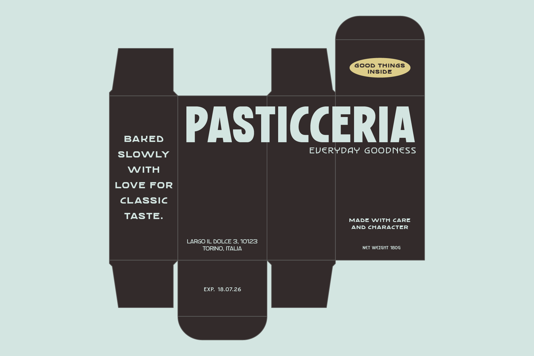 Die cut pastry box template in dark brown with pale typography layout
