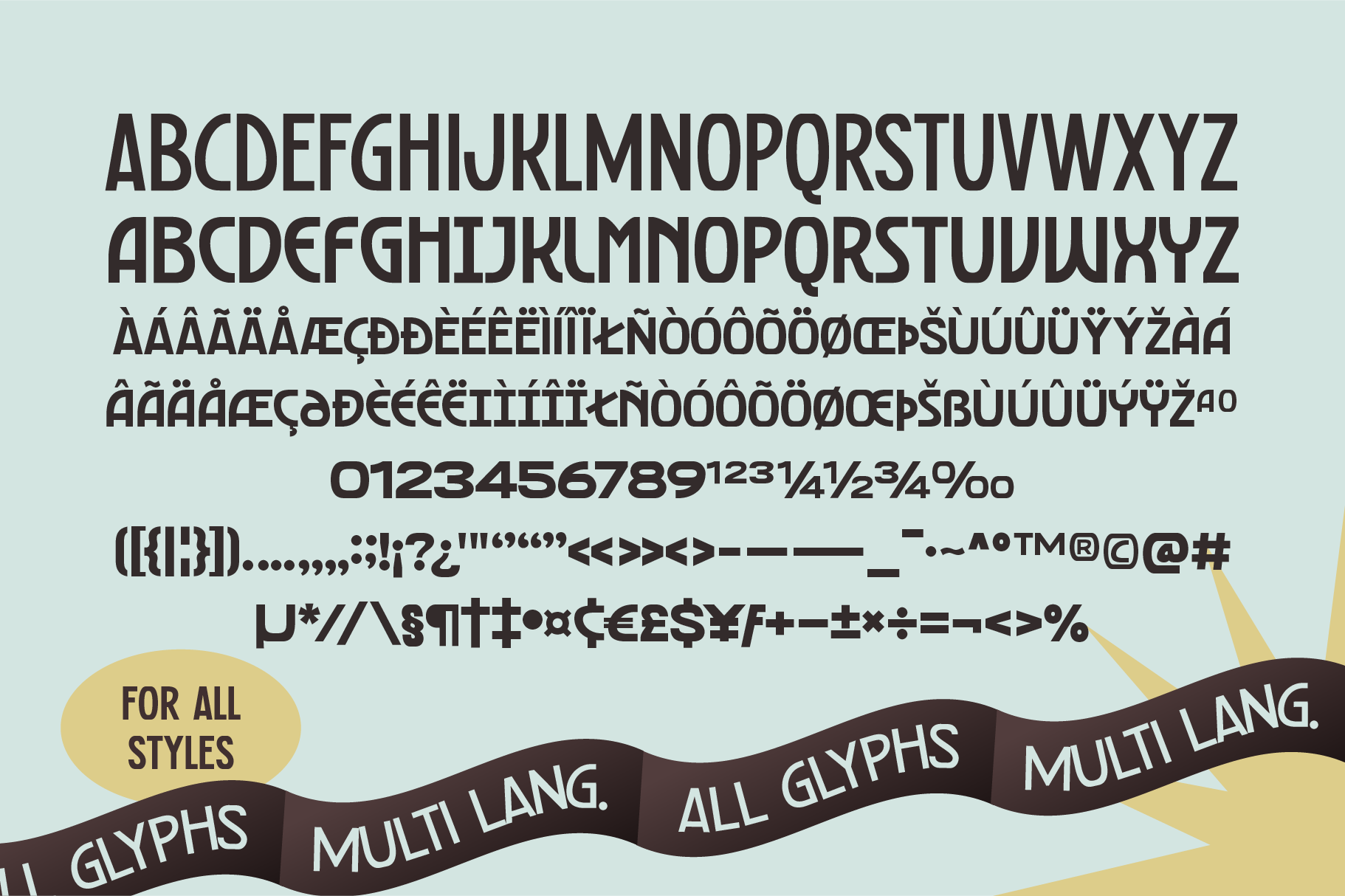 Multilingual font specimen with glyphs accents numbers symbols on light ground