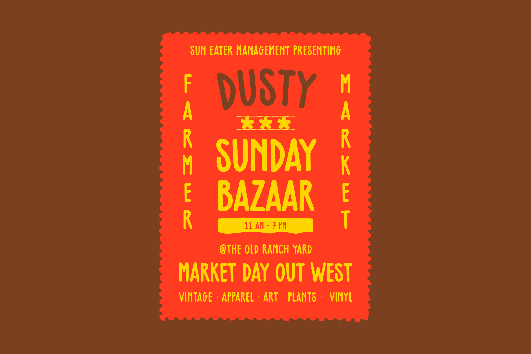 Retro red poster for Dusty Sunday Bazaar market event with scalloped edges