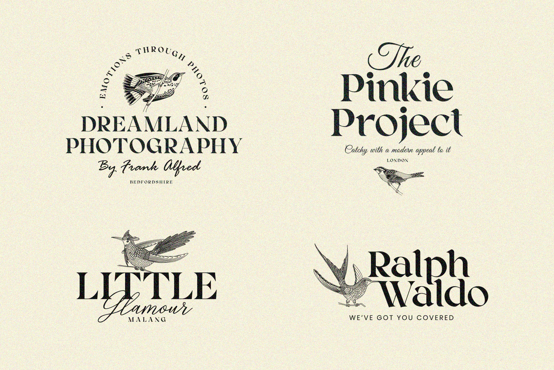 Logo collection featuring serif fonts, bird illustrations, vintage vibes
