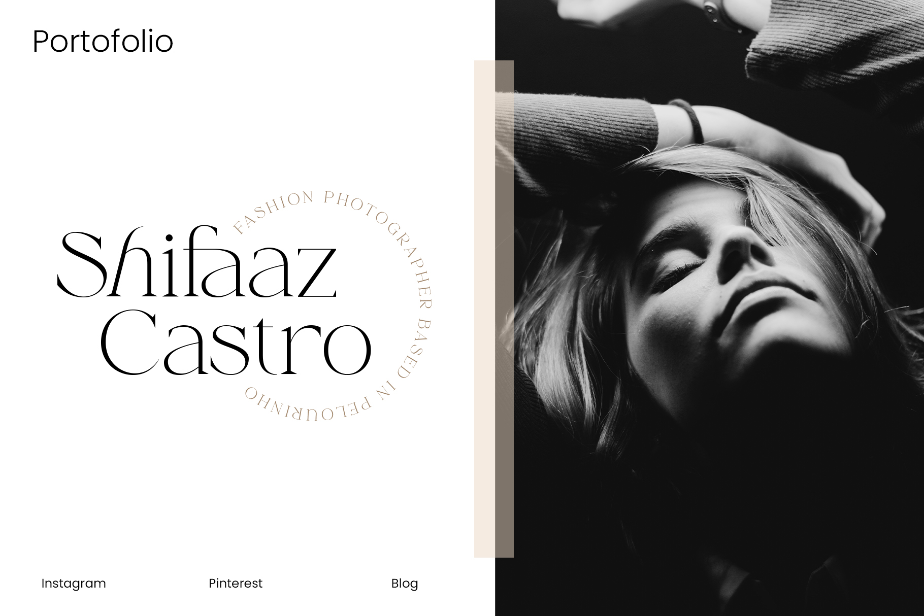 Fashion photography portfolio cover for Shifaaz Castro featuring circular text logo
