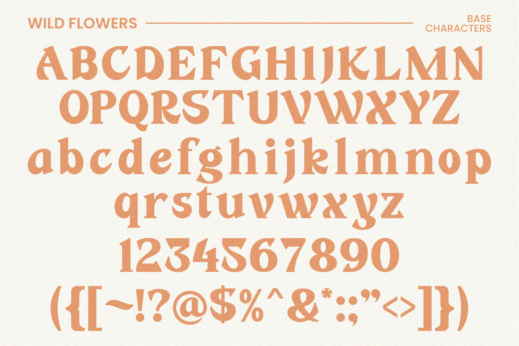 Wild Flowers serif font specimen showing uppercase lowercase numbers