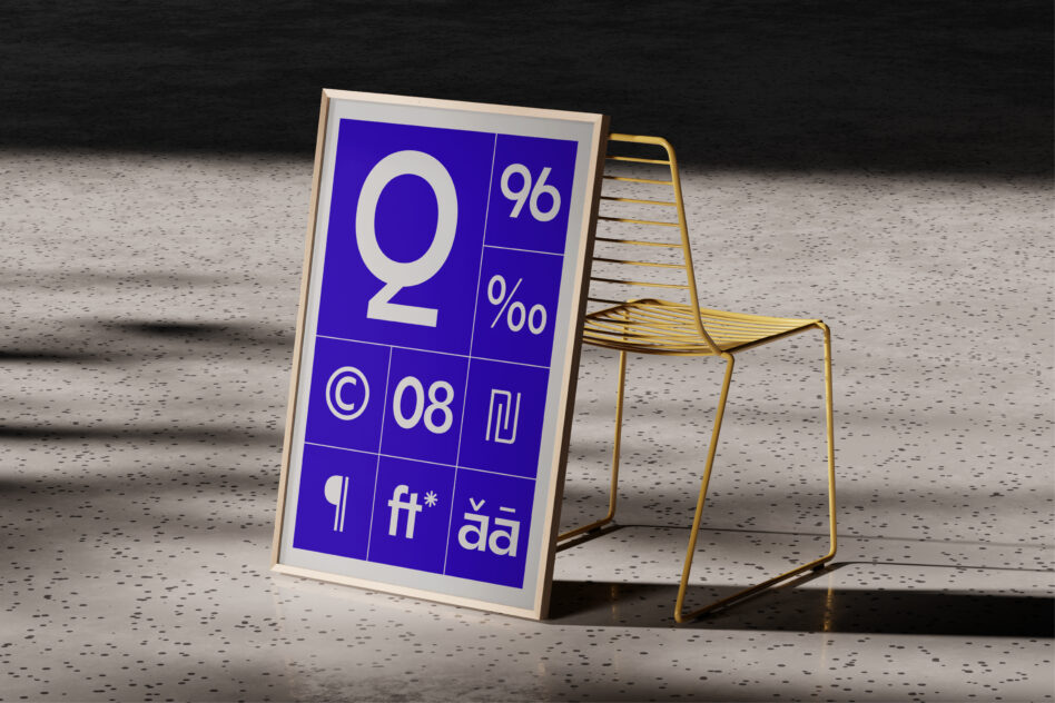 Product mockup of Juturu font displayed on blue poster framed