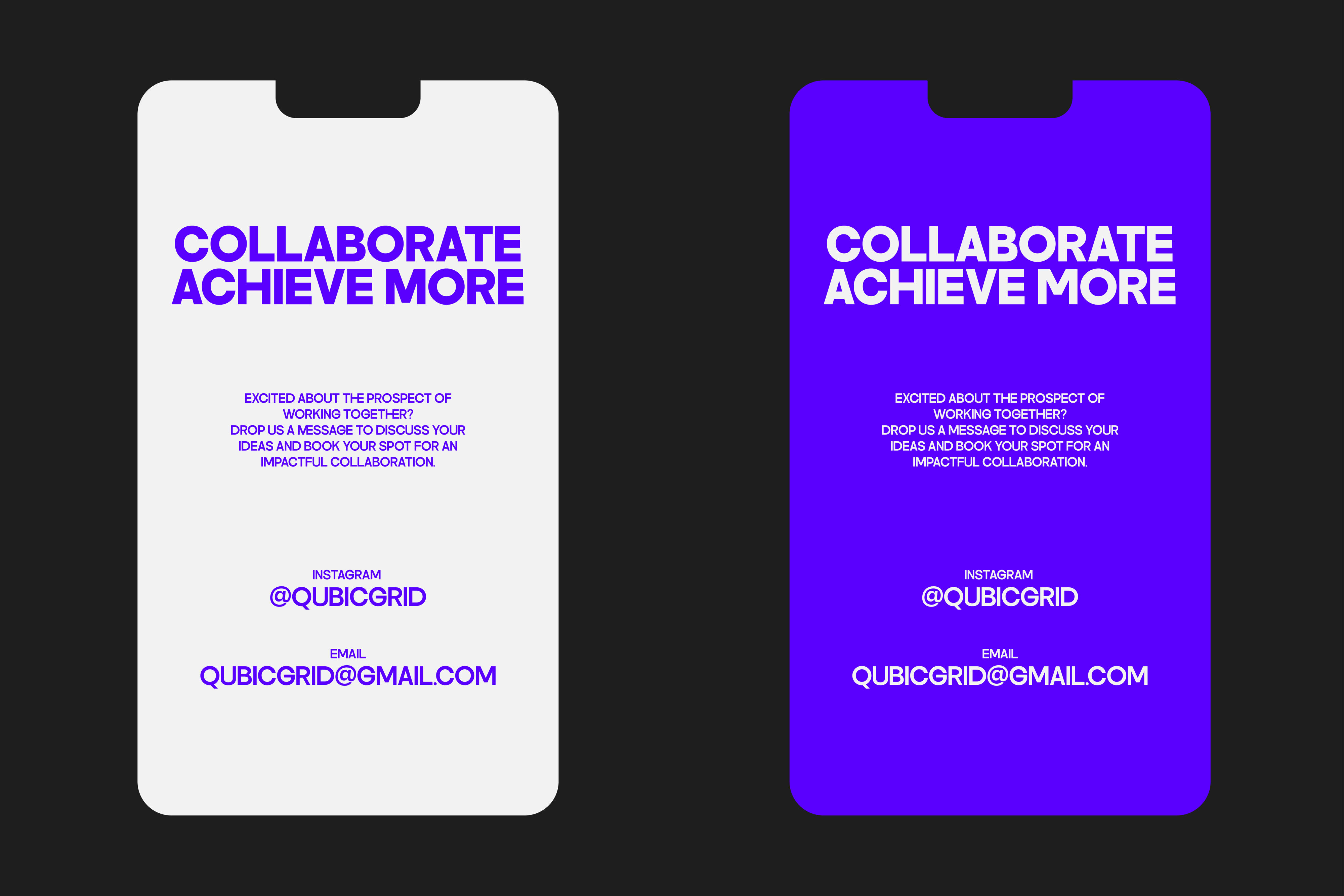 Two phone mockups side by side displaying collaboration message in blue