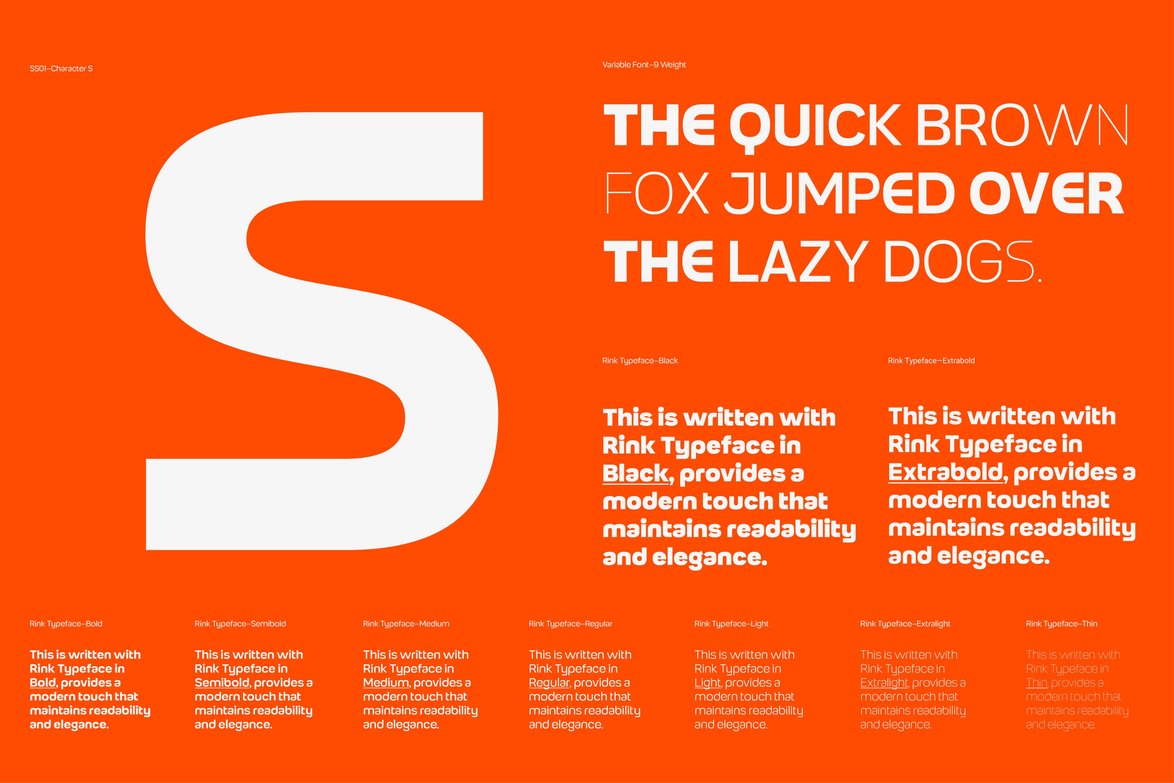 Orange background showcasing Rink Typeface in multiple weights with sample text about quick brown fox