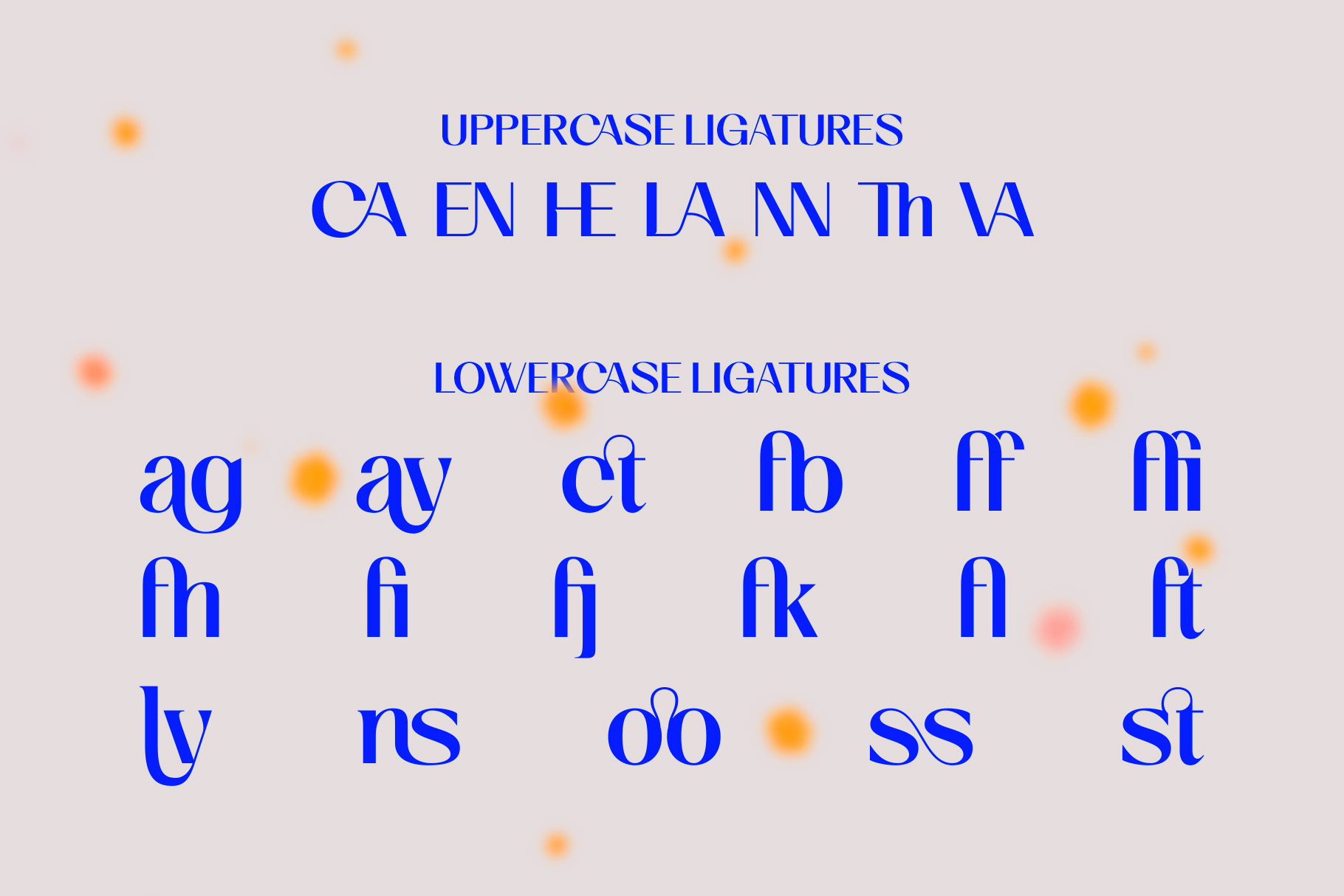 Bright blue serif font showing uppercase, lowercase, plus ligatures with scattered orange blur accents