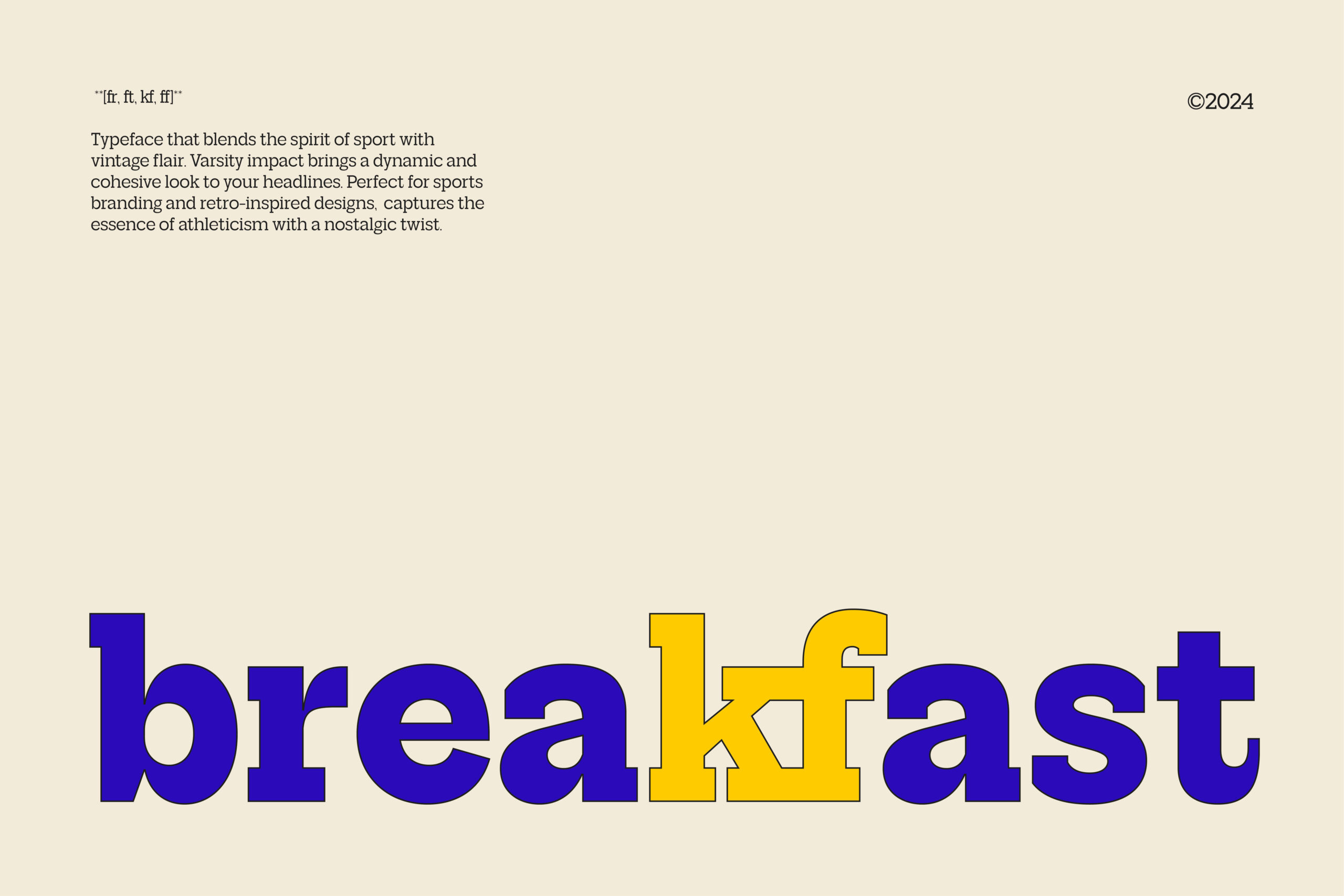 Varsity font specimen showing bold blue letters with one yellow character, cream background with description text above
