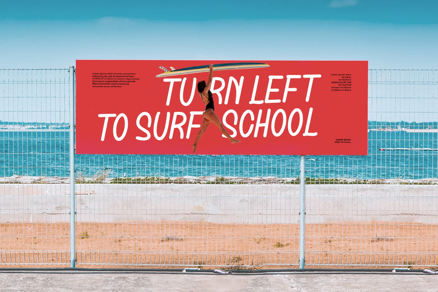 Billboard mockup with surfer carrying board on beach, red background with white text