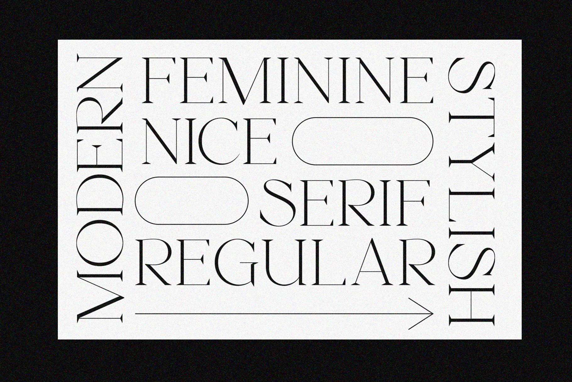 Modern serif typeface sample card with feminine niche, regular, light weights displayed