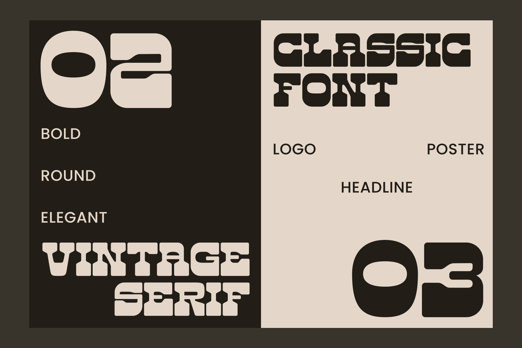 Vintage serif font specimen with bold round elegant letterforms layout