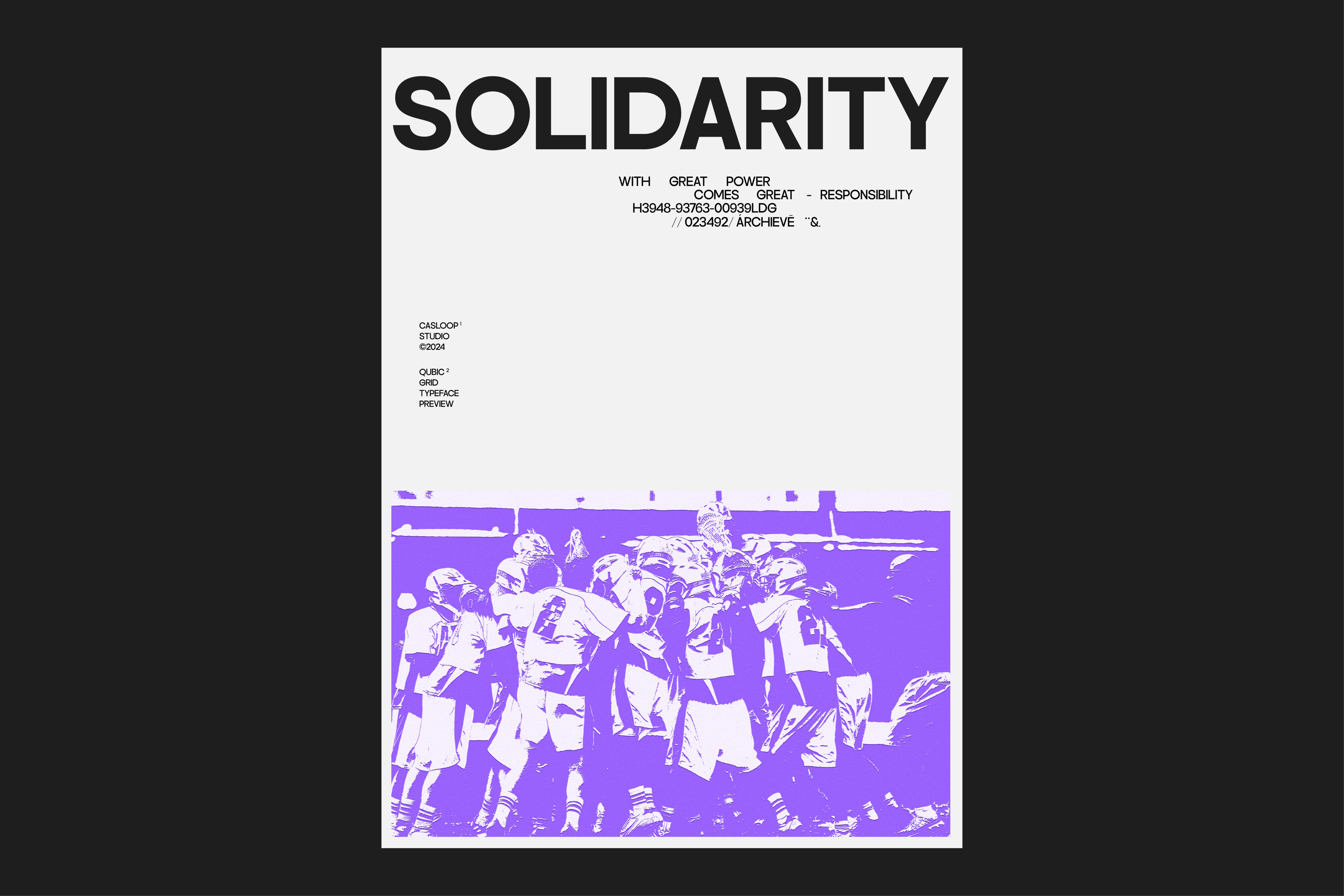 Poster with SOLIDARITY headline over purple photo of people together