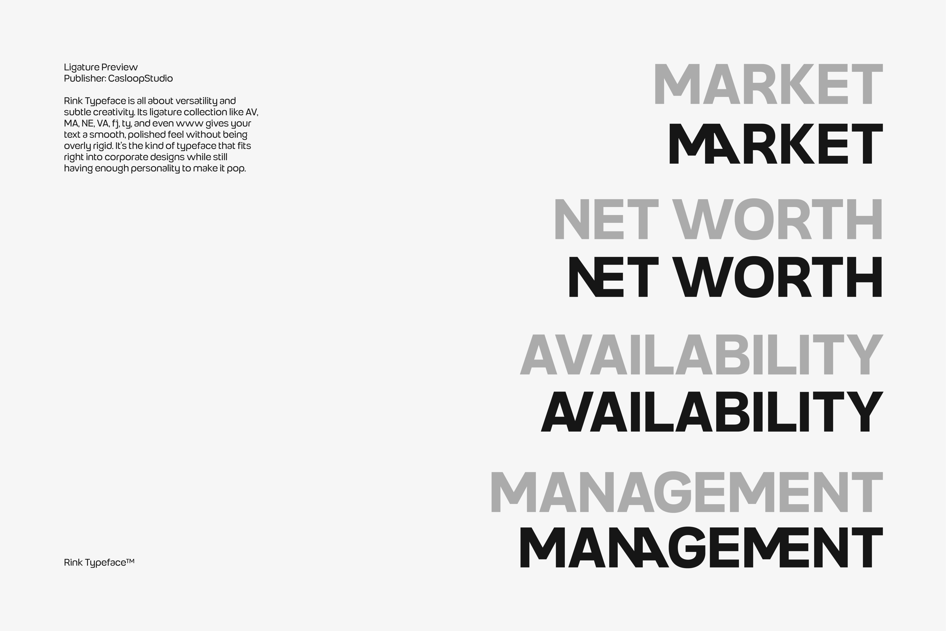 Rink typeface specimen showing weight variations from thin to black