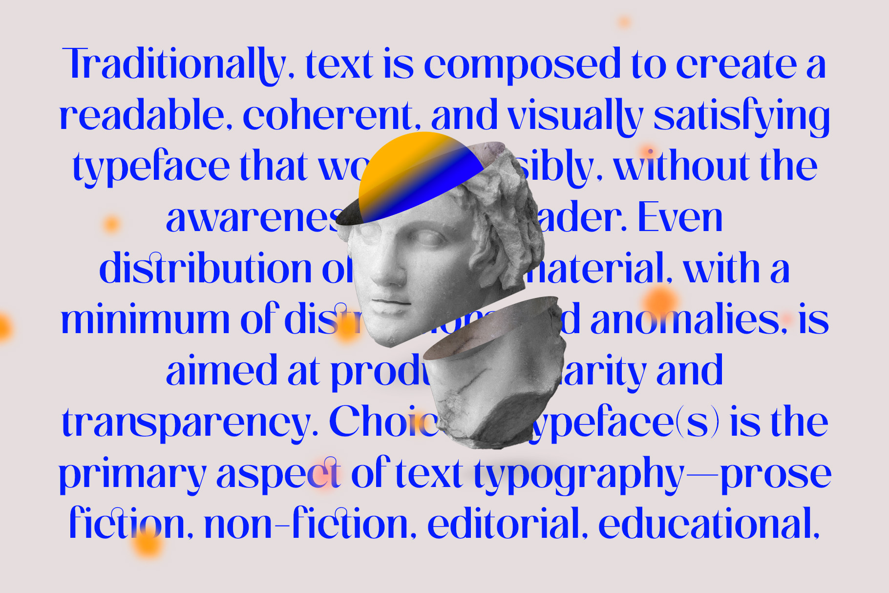 Surreal bust statue wearing colorful gradient cap overlaid with blue typography text