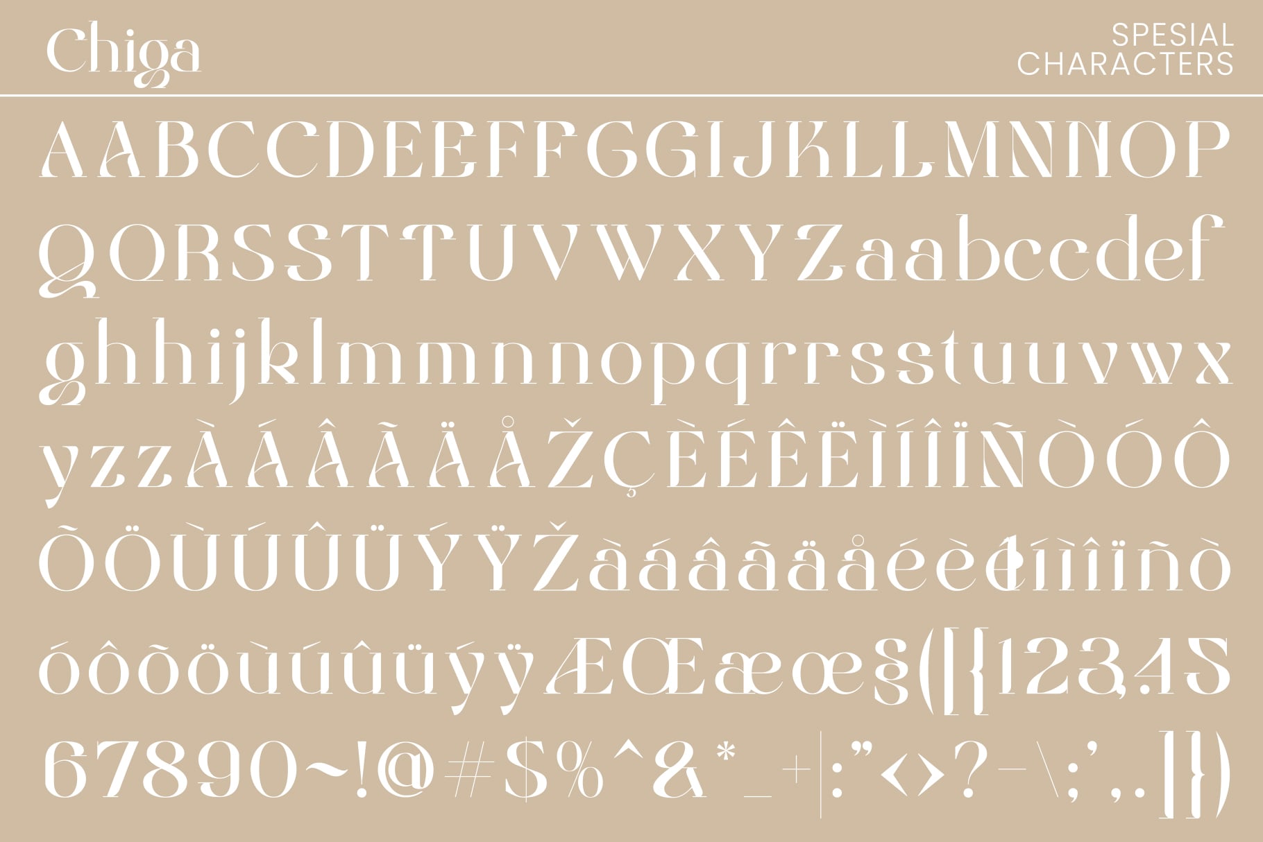 Chiga serif font character set showing uppercase, lowercase, numbers, special characters