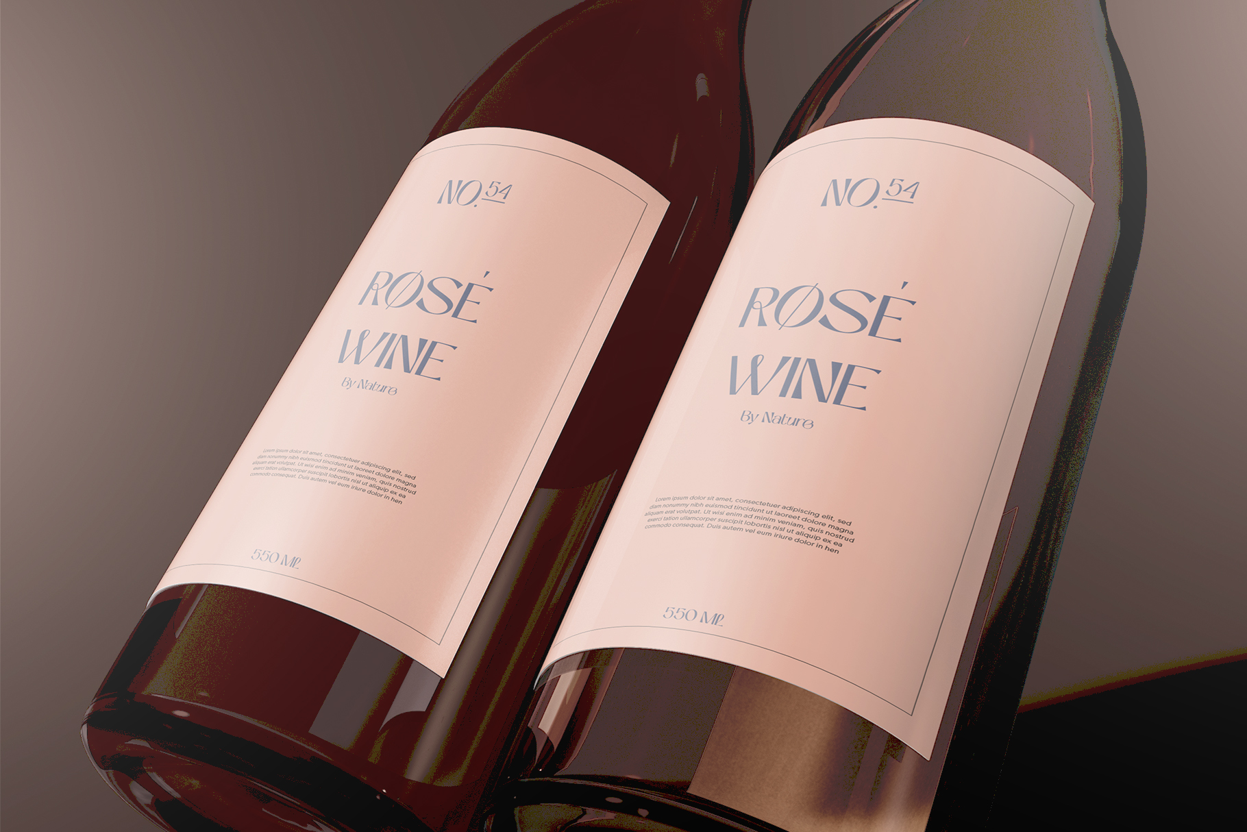 Two rose wine bottles with minimalist cream labels showing No.59 branding in soft blue typography