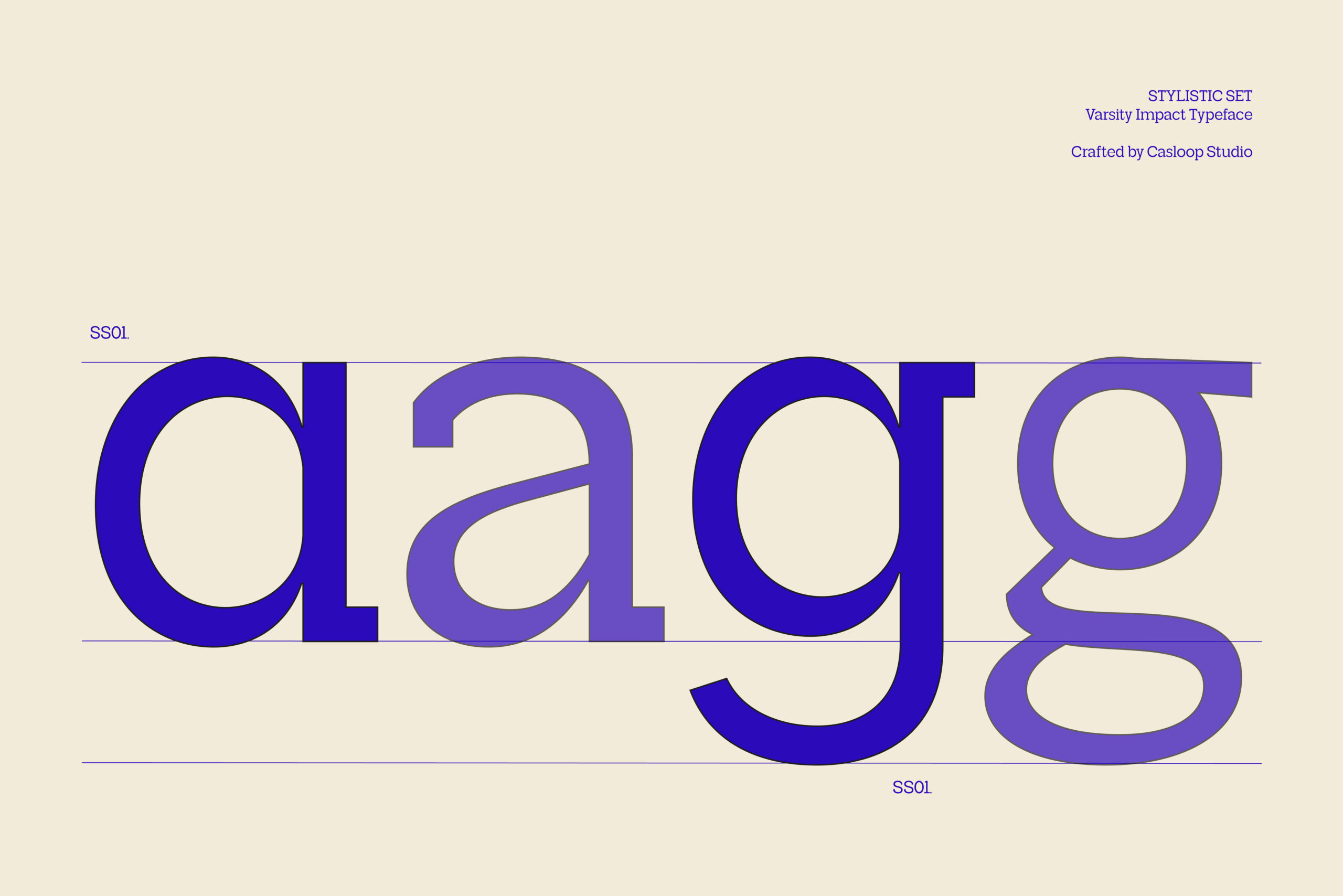 Varsity Impact Typeface showing oversized letters in blue with gradient purple tones on cream background