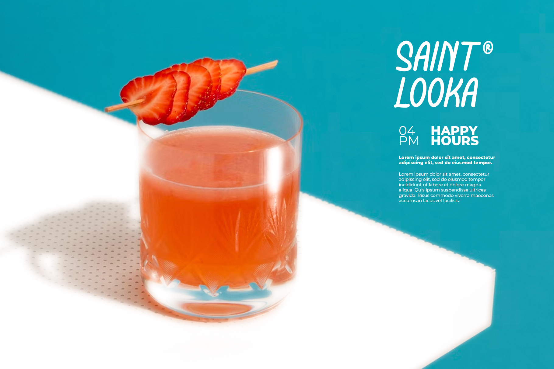 Bright turquoise background with strawberry cocktail on white surface, happy hours promo layout