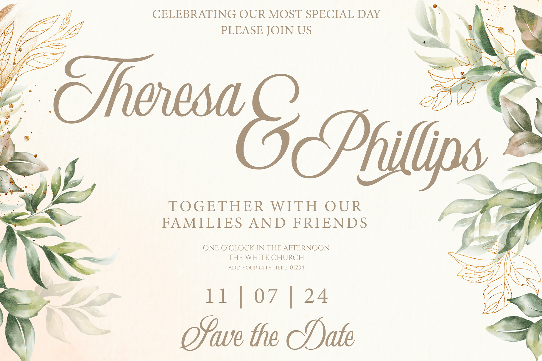 Wedding invitation with Theresa script font, botanical leaf illustrations