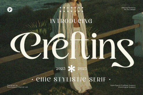 Creftins serif typeface intro with woman in patterned cardigan over textured overlay
