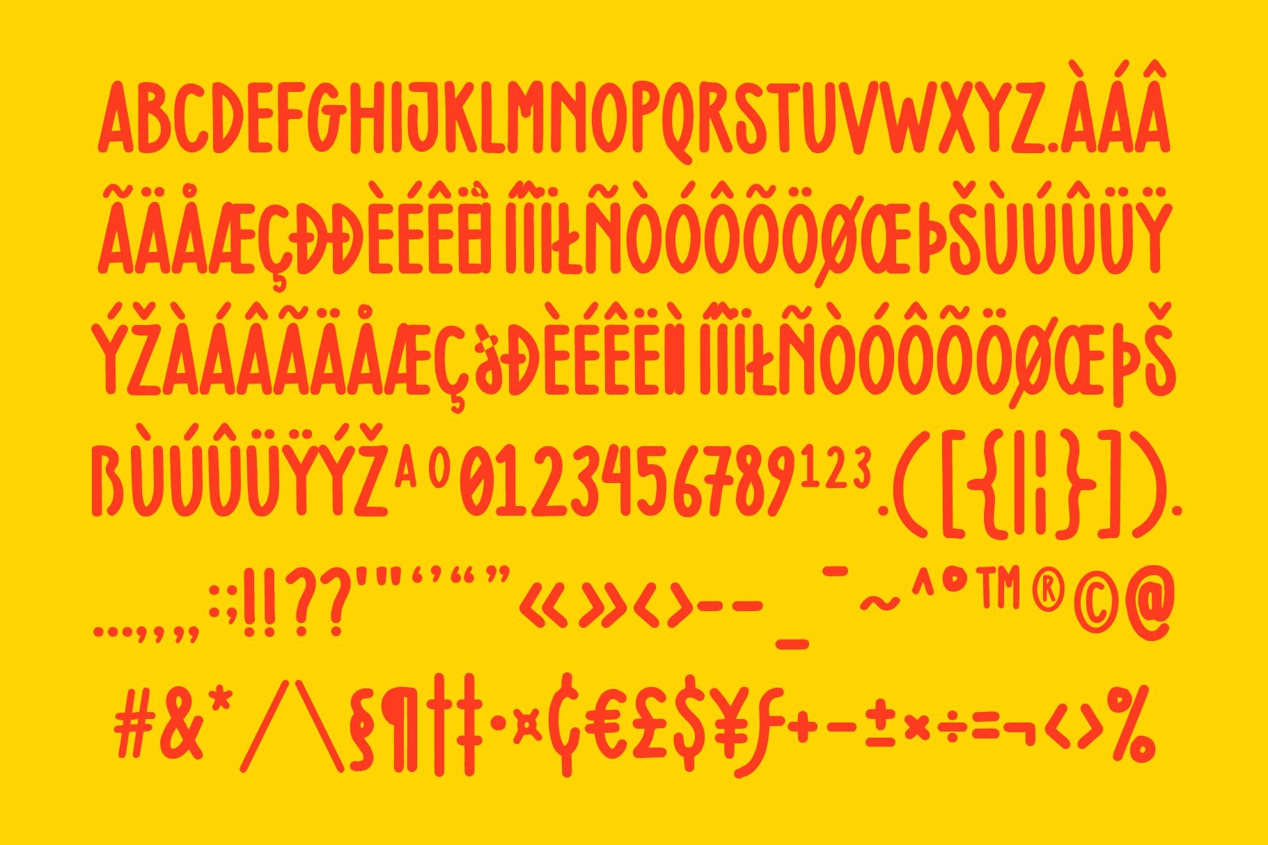Bold red sans serif font with international characters on bright yellow background
