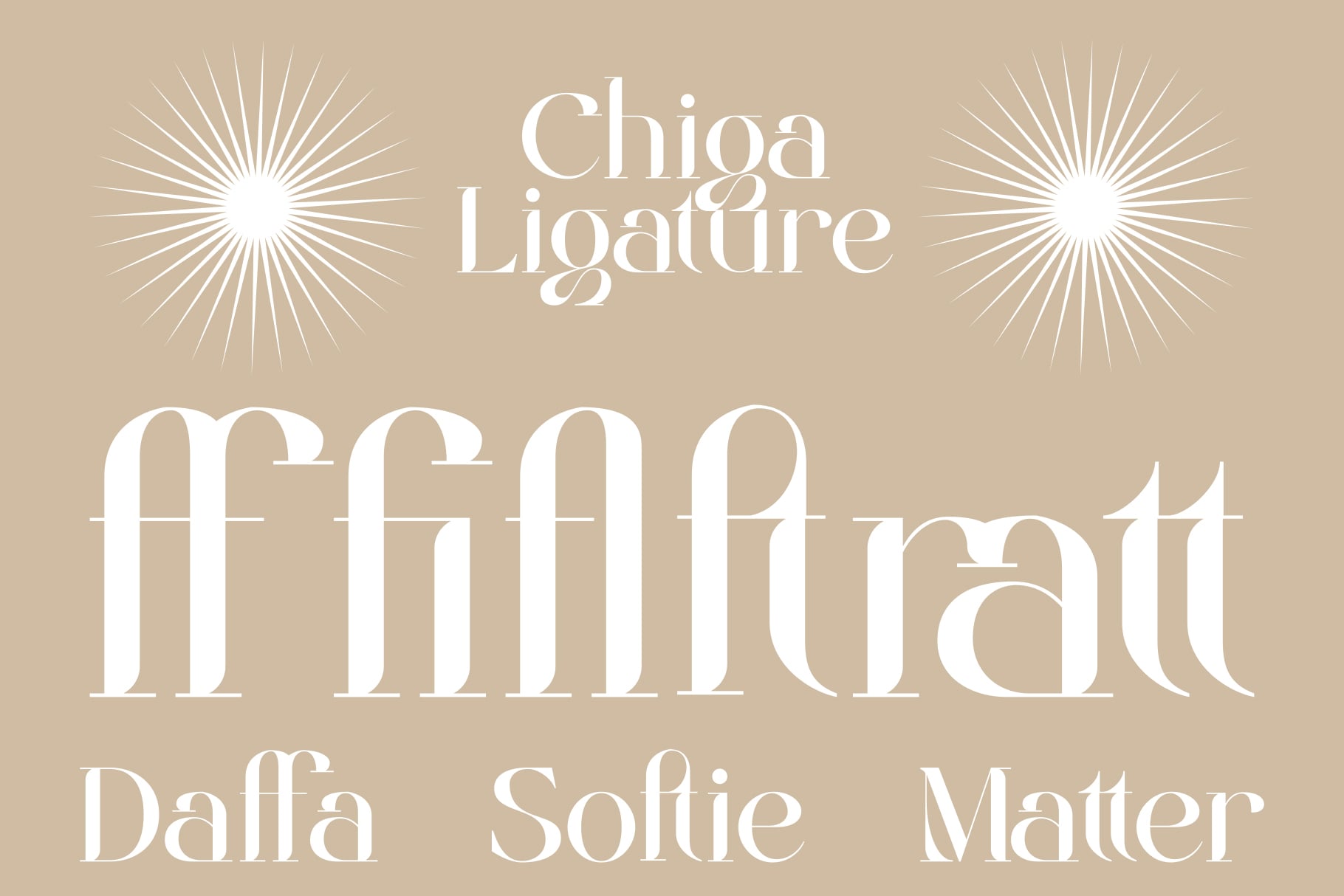 Chiga Ligature serif font with ornamental sunburst designs on beige background