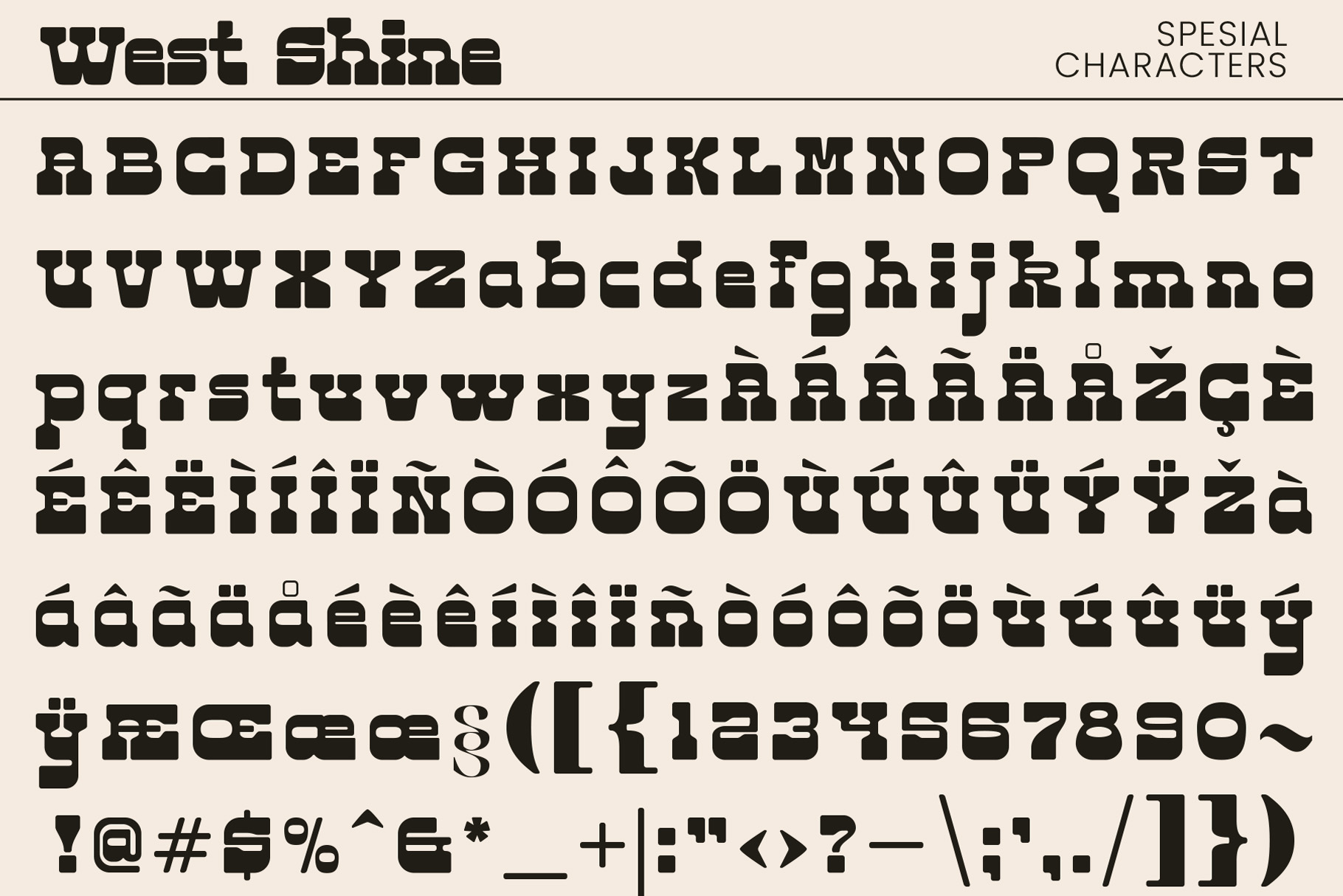 West Shine font character set showing uppercase, lowercase, accents, numbers