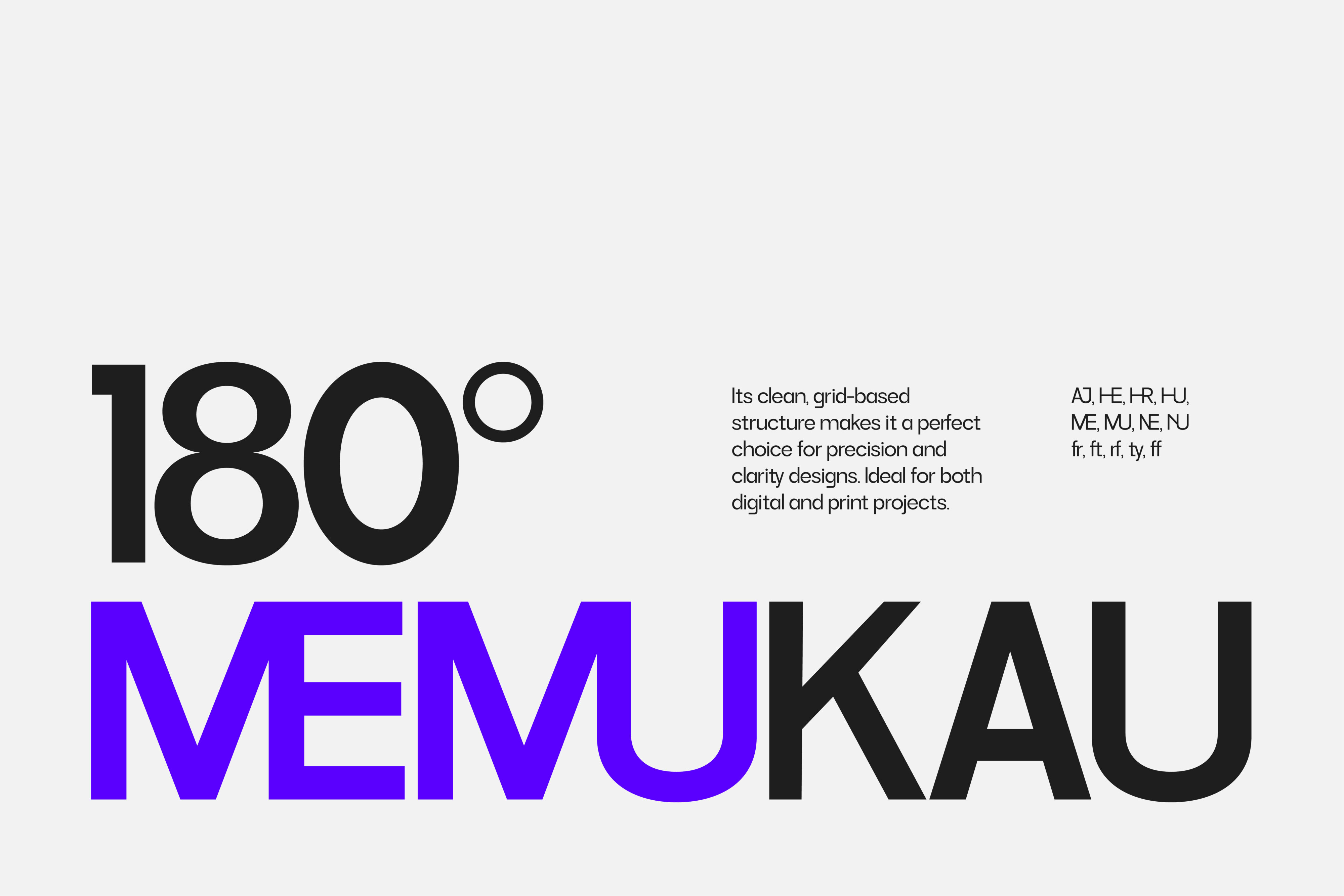 Large 180 degree symbol with Memukau typeface below in blue