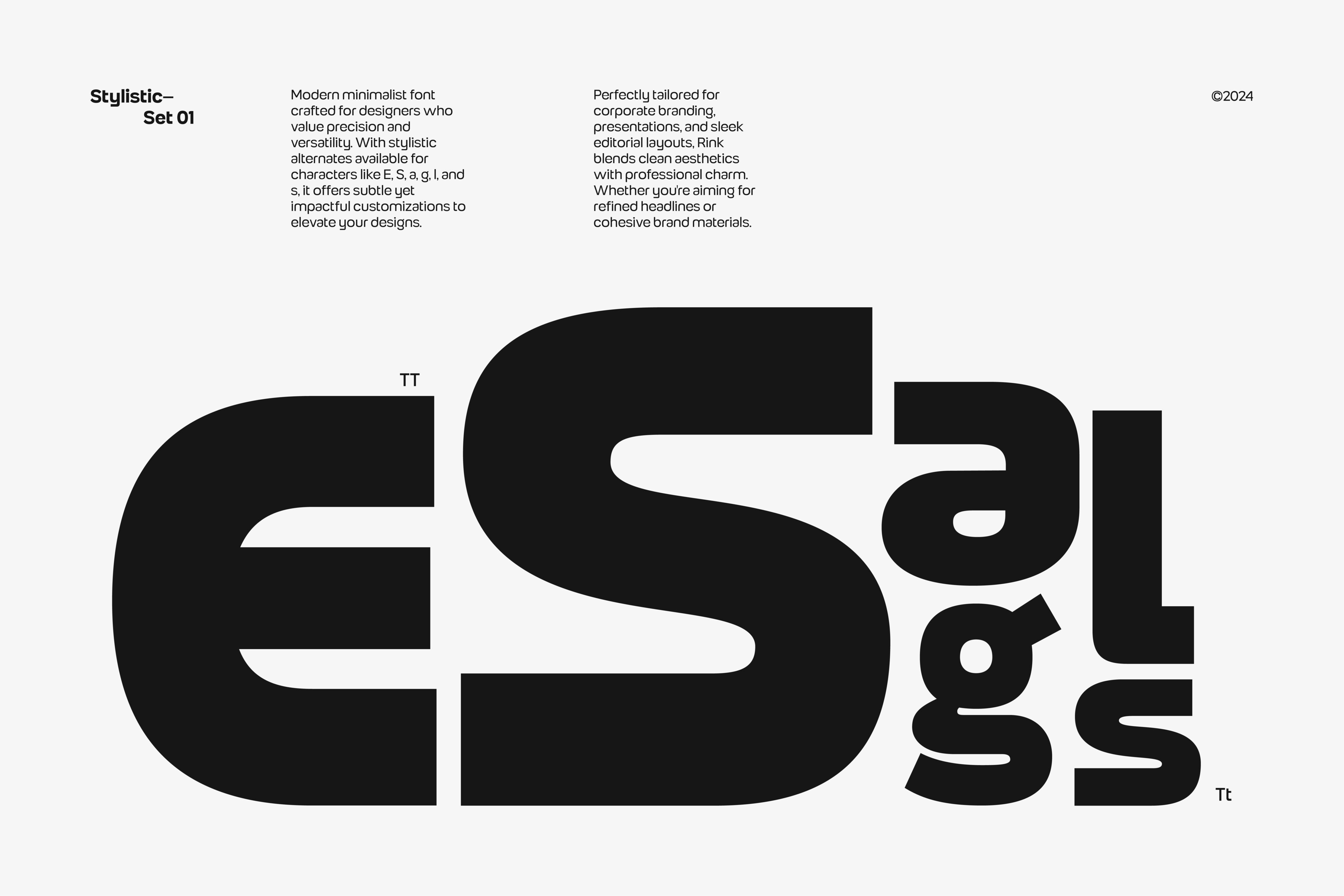 Stylistic Set 01 font specimen showing minimalist bold letterforms spelling EDGE in black