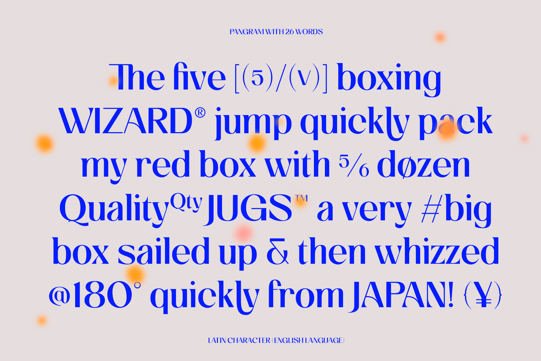 Bold blue typography with chaotic pangram text on beige background with orange accents