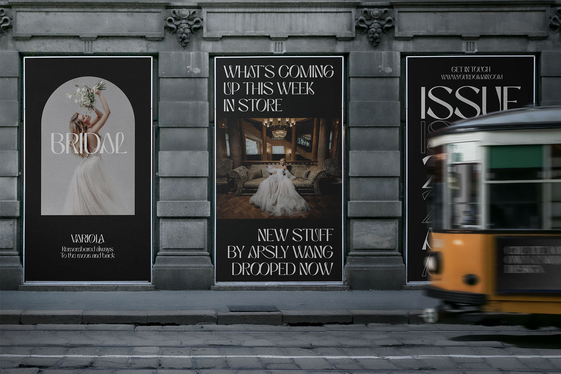 Storefront window display mockup with three black posters showing bridal, fashion, luxury retail content