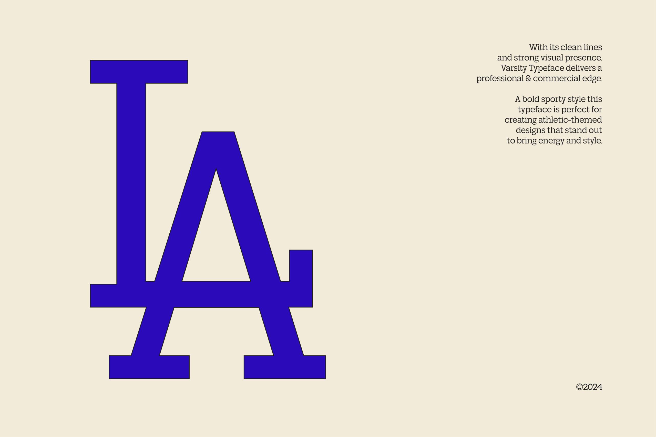 Varsity Typeface in bold cobalt blue with geometric letterforms on cream background