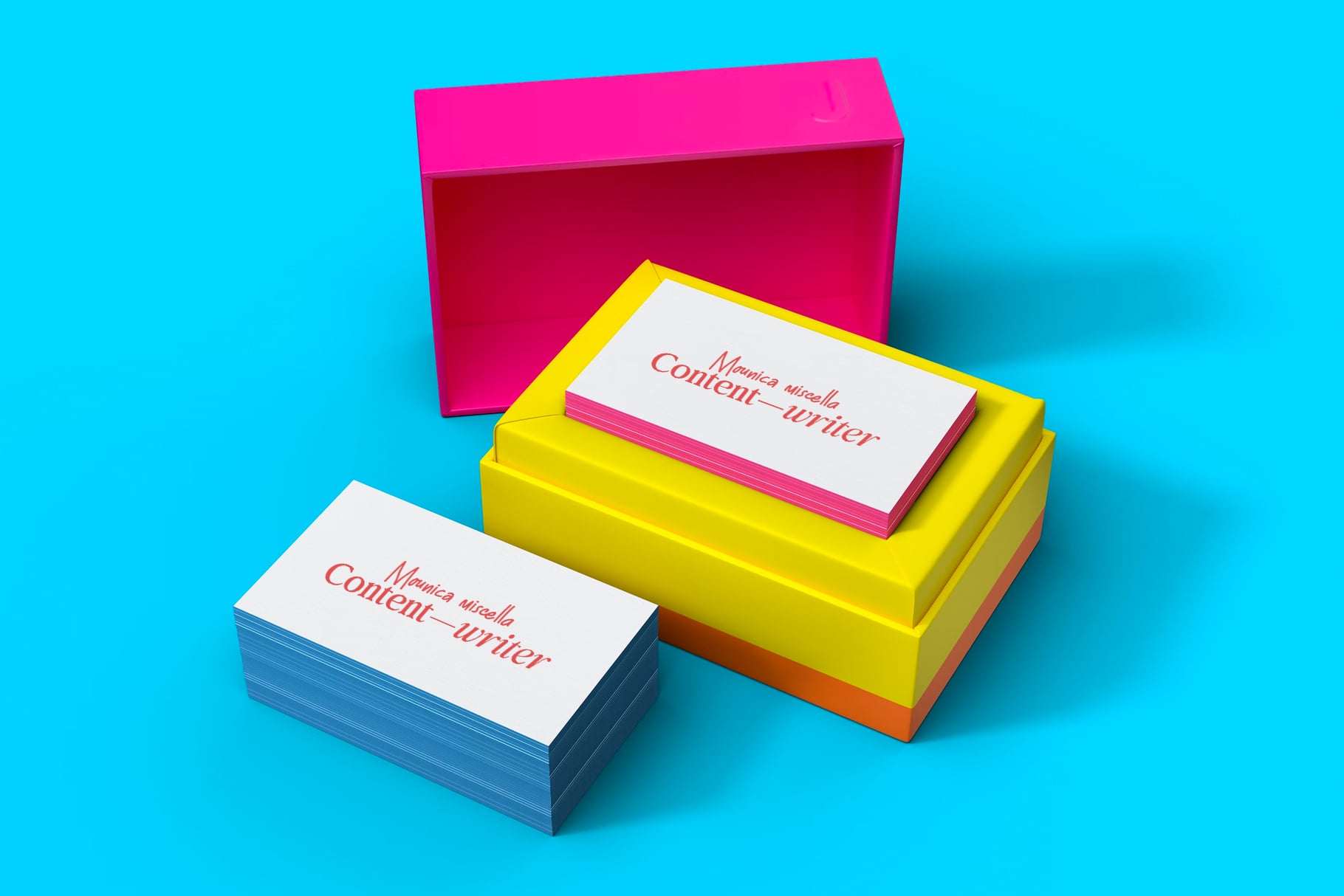 Stacked business cards with bright pink, yellow, orange boxes on cyan background mockup