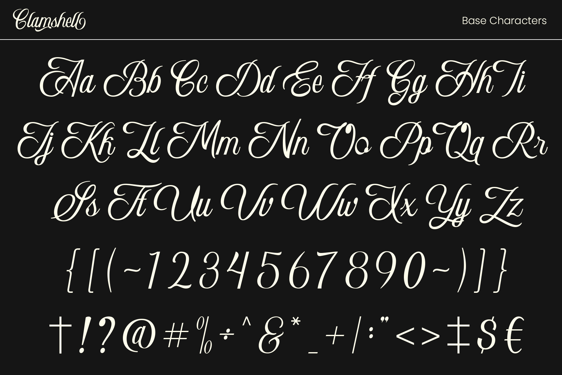 Glamshell font character set displaying full alphabet, numbers, symbols