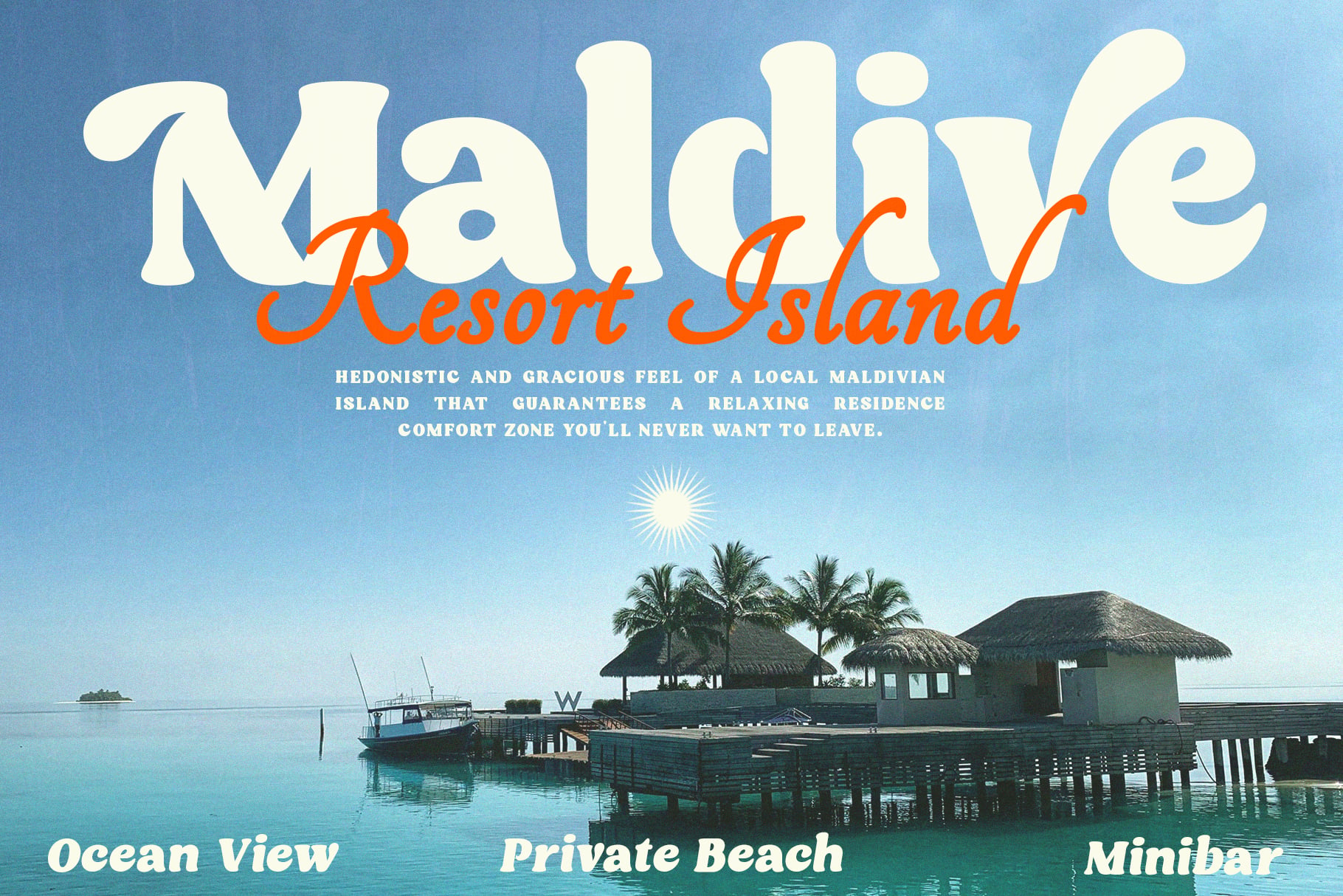 Maldive Resort Island mockup with tropical beach bungalows on turquoise water