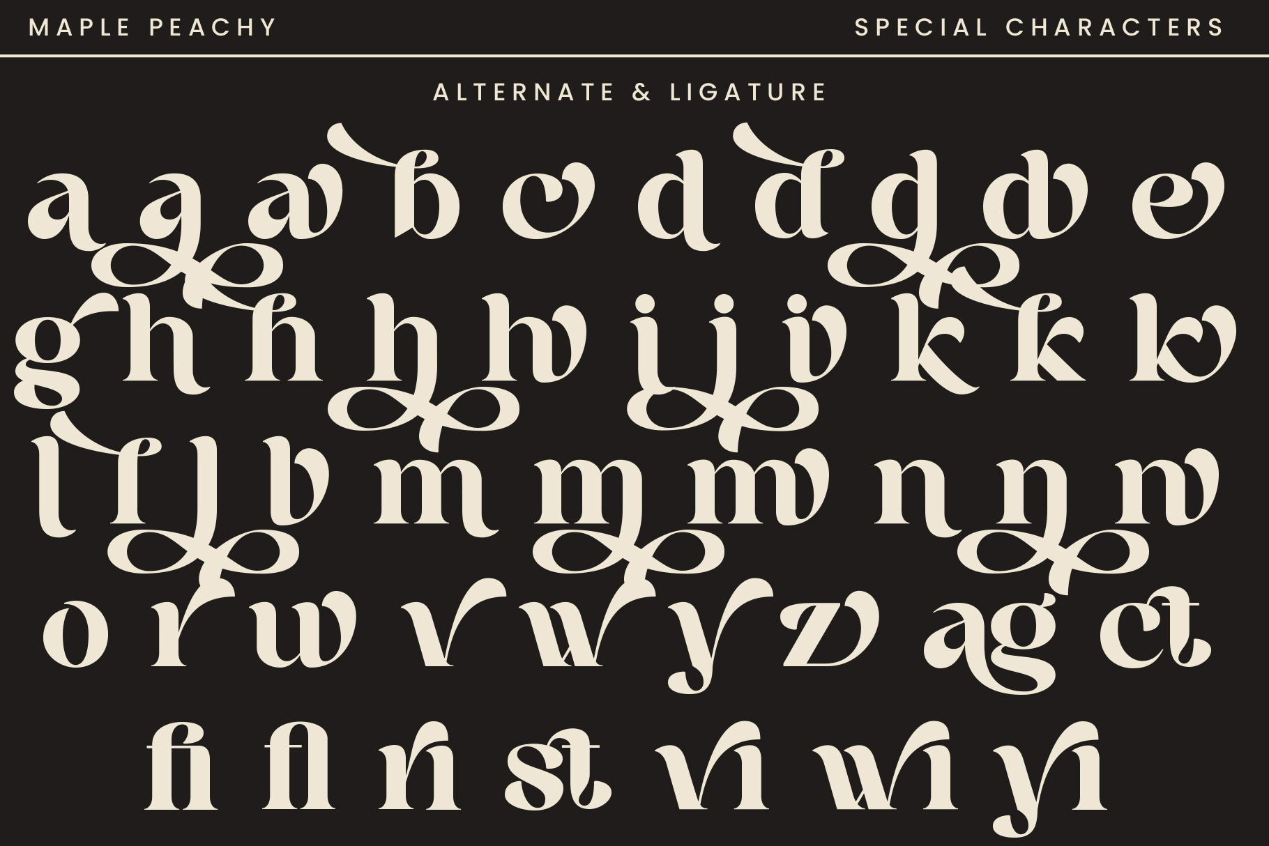 Maple Peachy special characters sheet showing alternates ligatures swashes on dark background