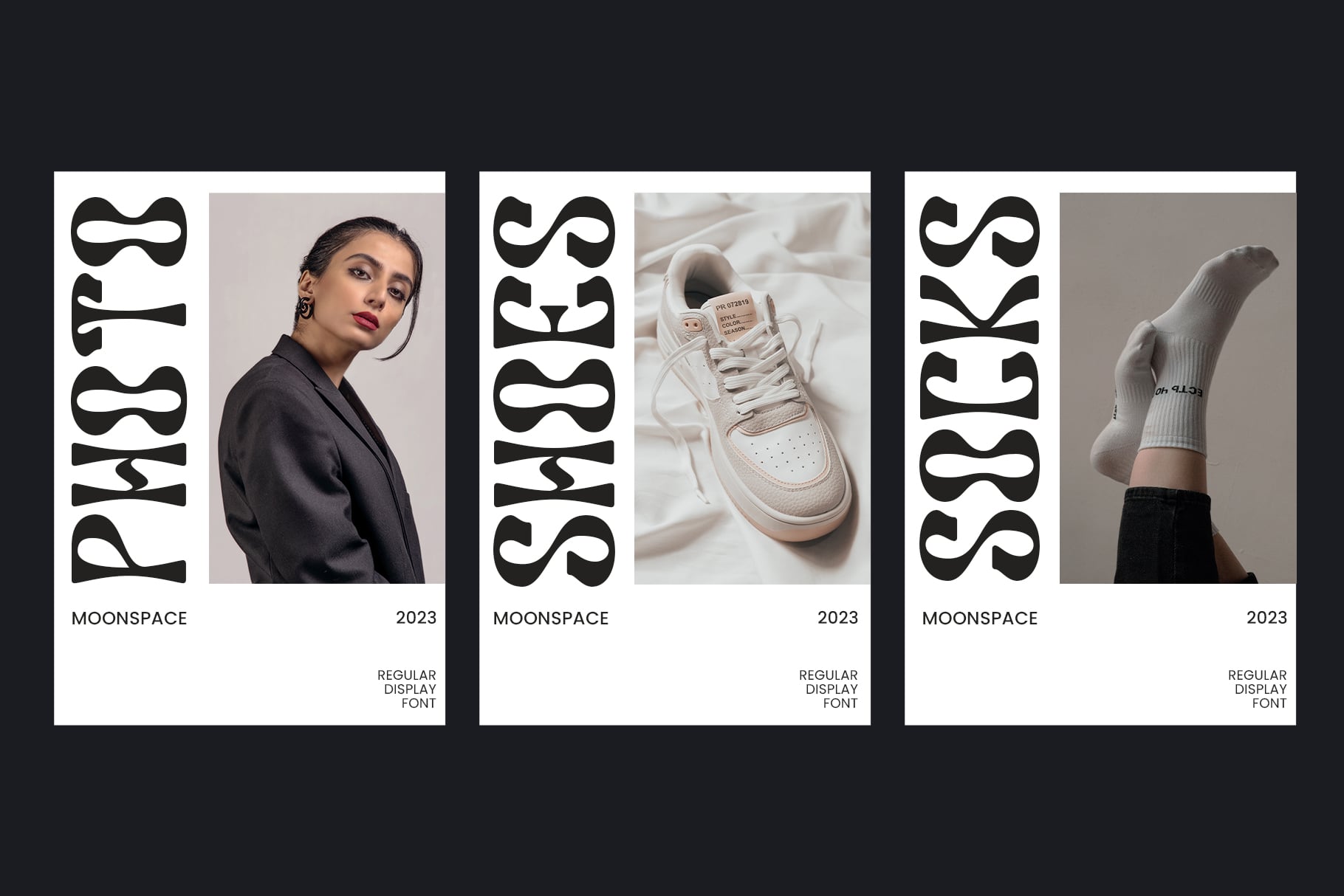 Three Moonspace Socks branded product cards showing model, sneaker, socks