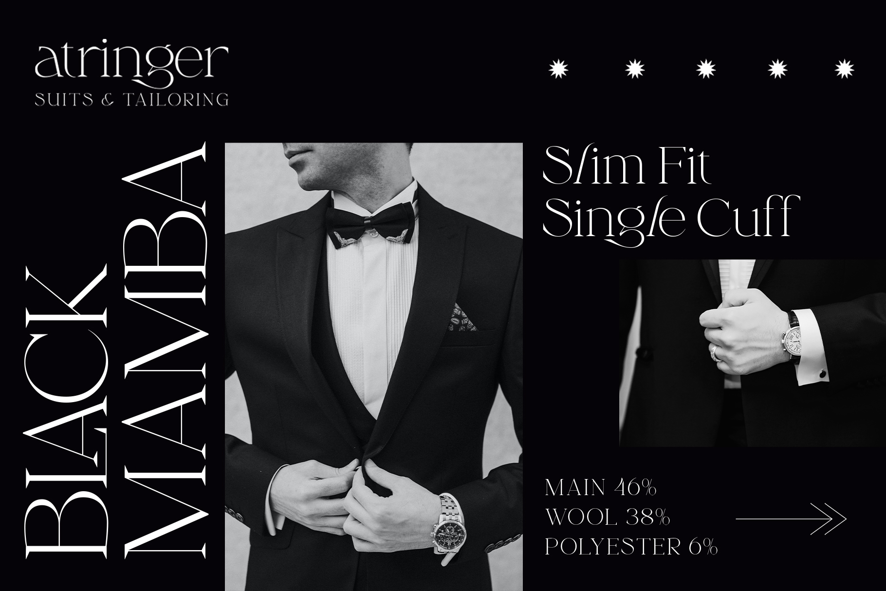 Black Waiver menswear tailoring mockup featuring slim fit single cuff suit styling