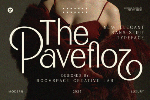 Pavefloz elegant sans-serif typeface displayed over textured burgundy fabric background