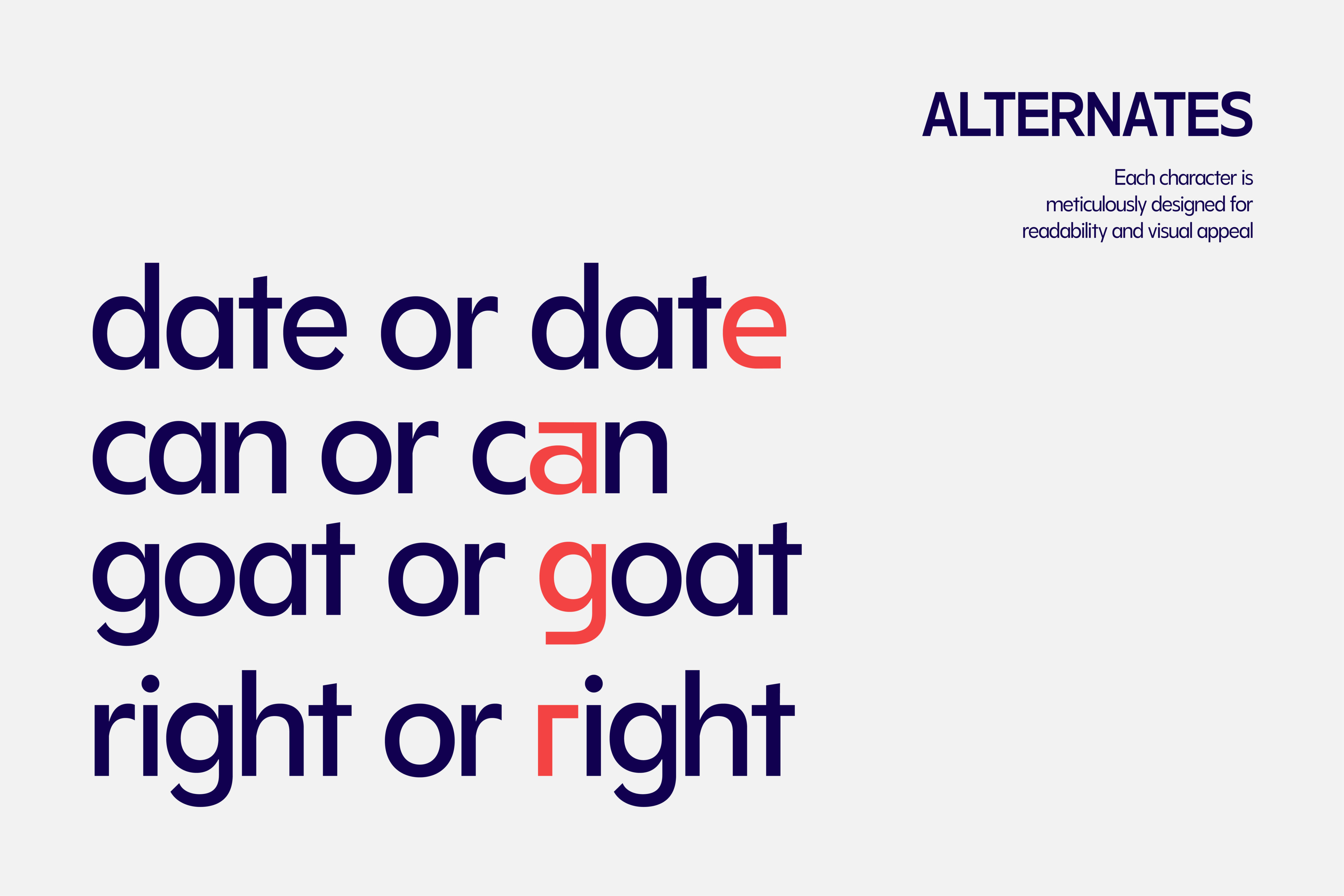 Alternates showcase highlighting stylistic character variations