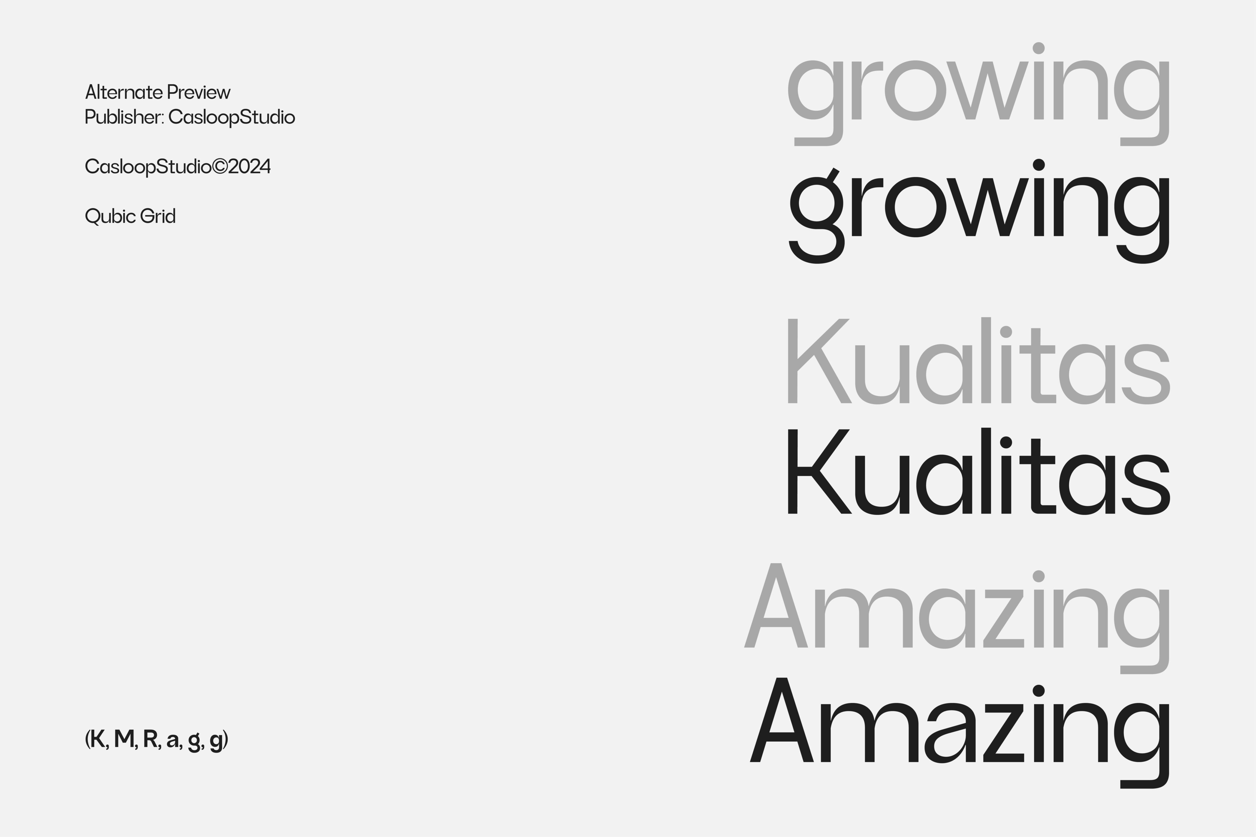 Font weights preview of Qubic Grid showing growing, Kualitas, Amazing