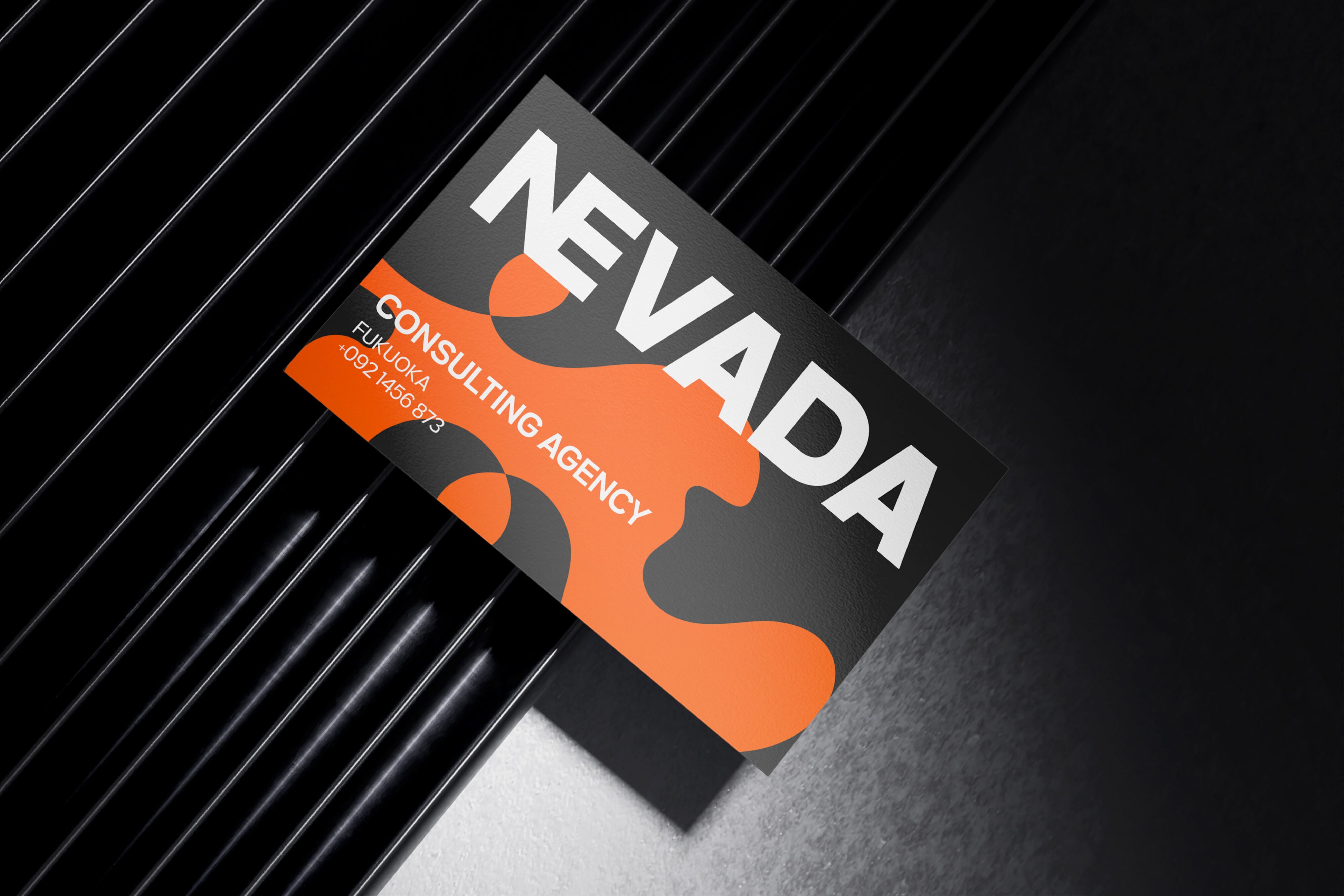 Black business card mockup with orange wave design, showing NEVA Consulting Agency branding