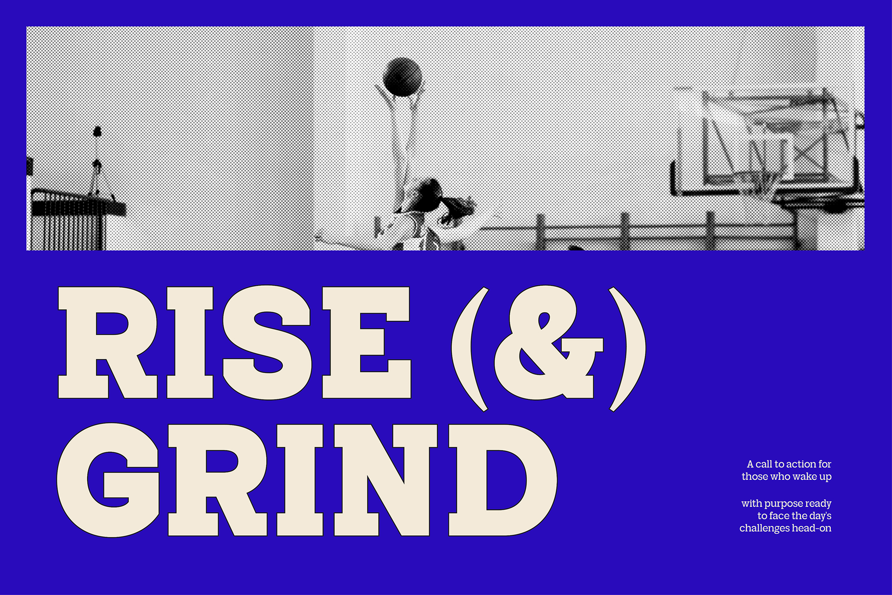 Retro basketball court scene with bold cream typography on cobalt blue background