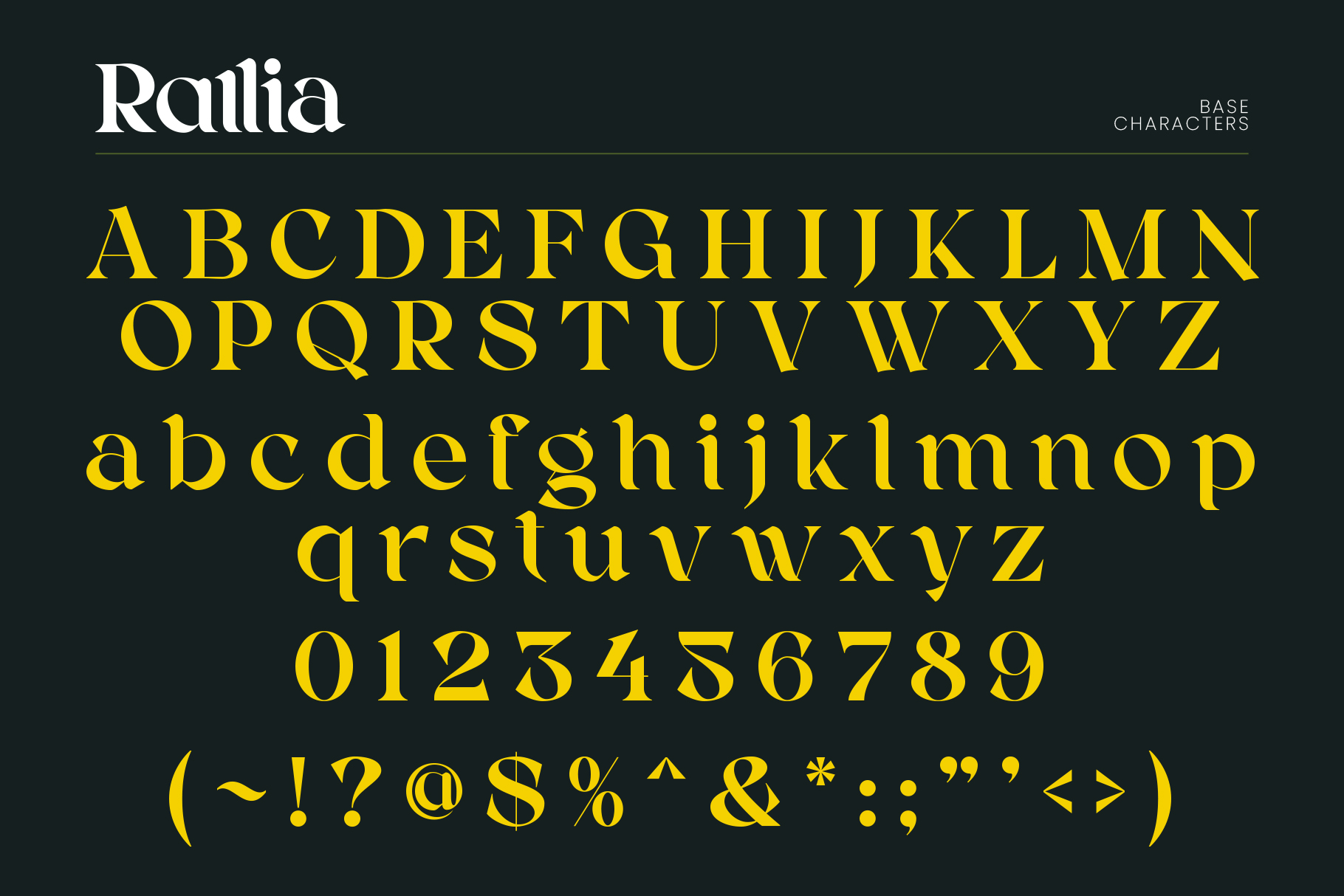 Rallia font character set showing uppercase, lowercase, numbers in gold