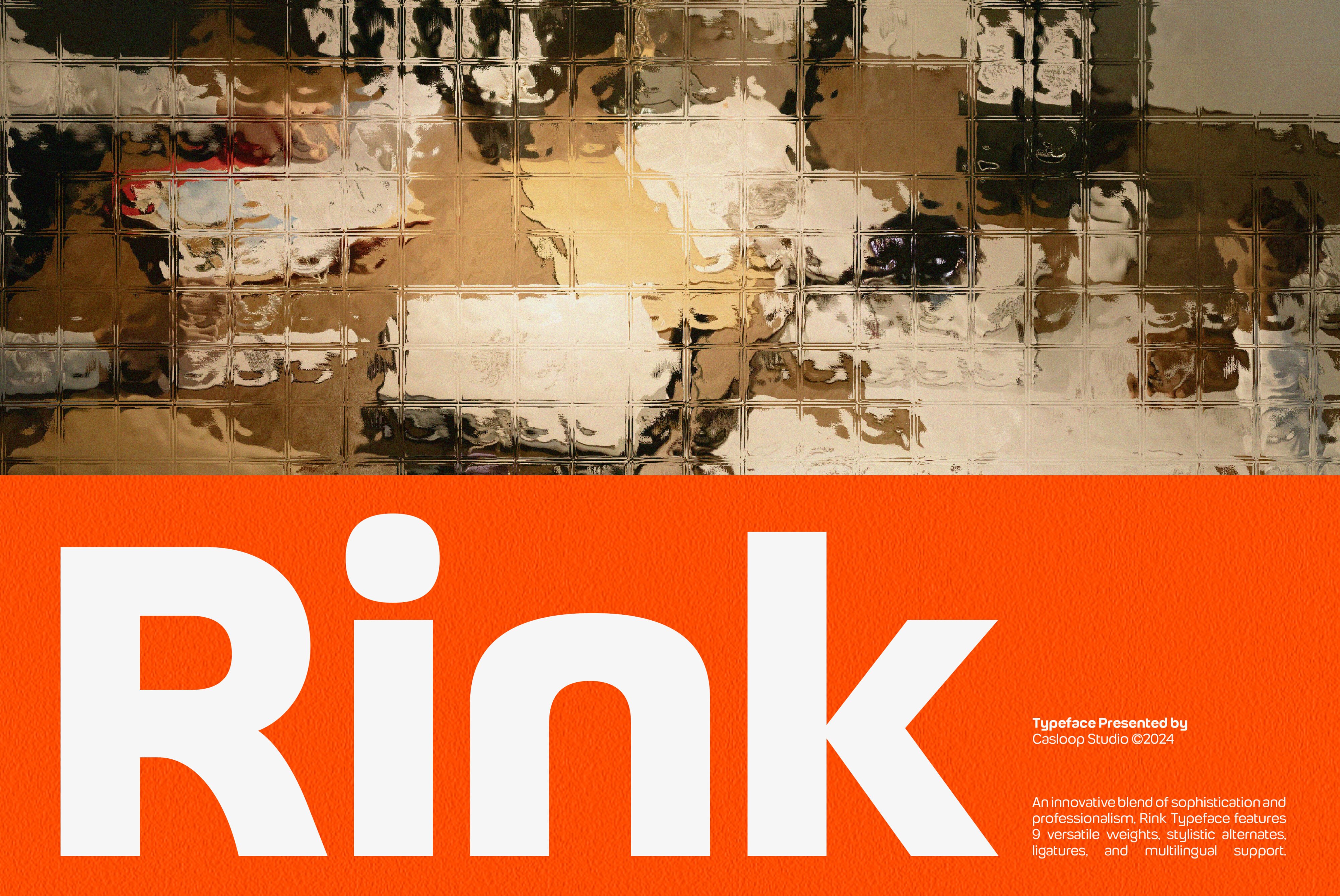 Rink Typeface display with distressed metal tile texture backdrop, bold white letters on orange