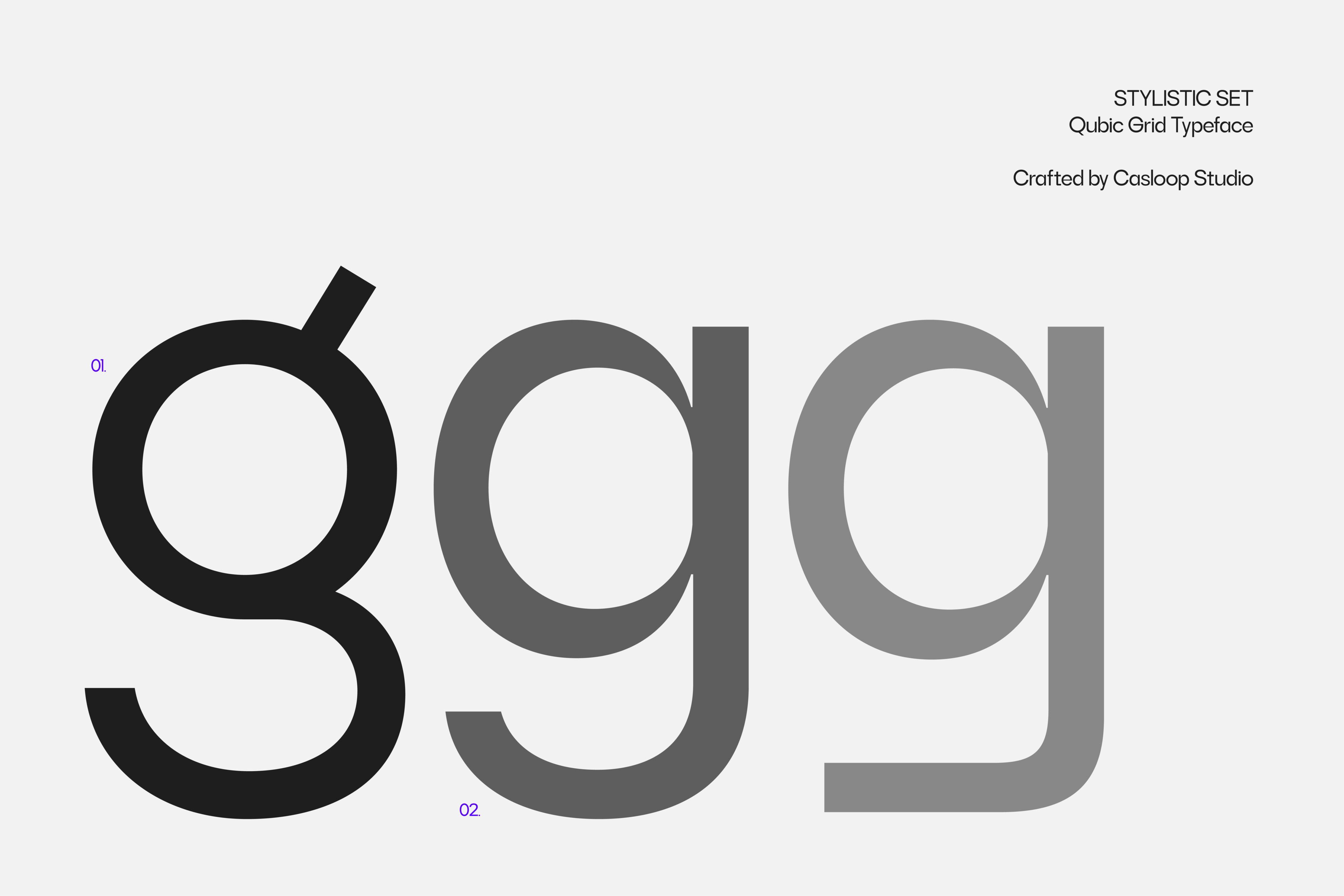Qubic Grid typeface specimen showing three weights, crafted by Casloop Studio
